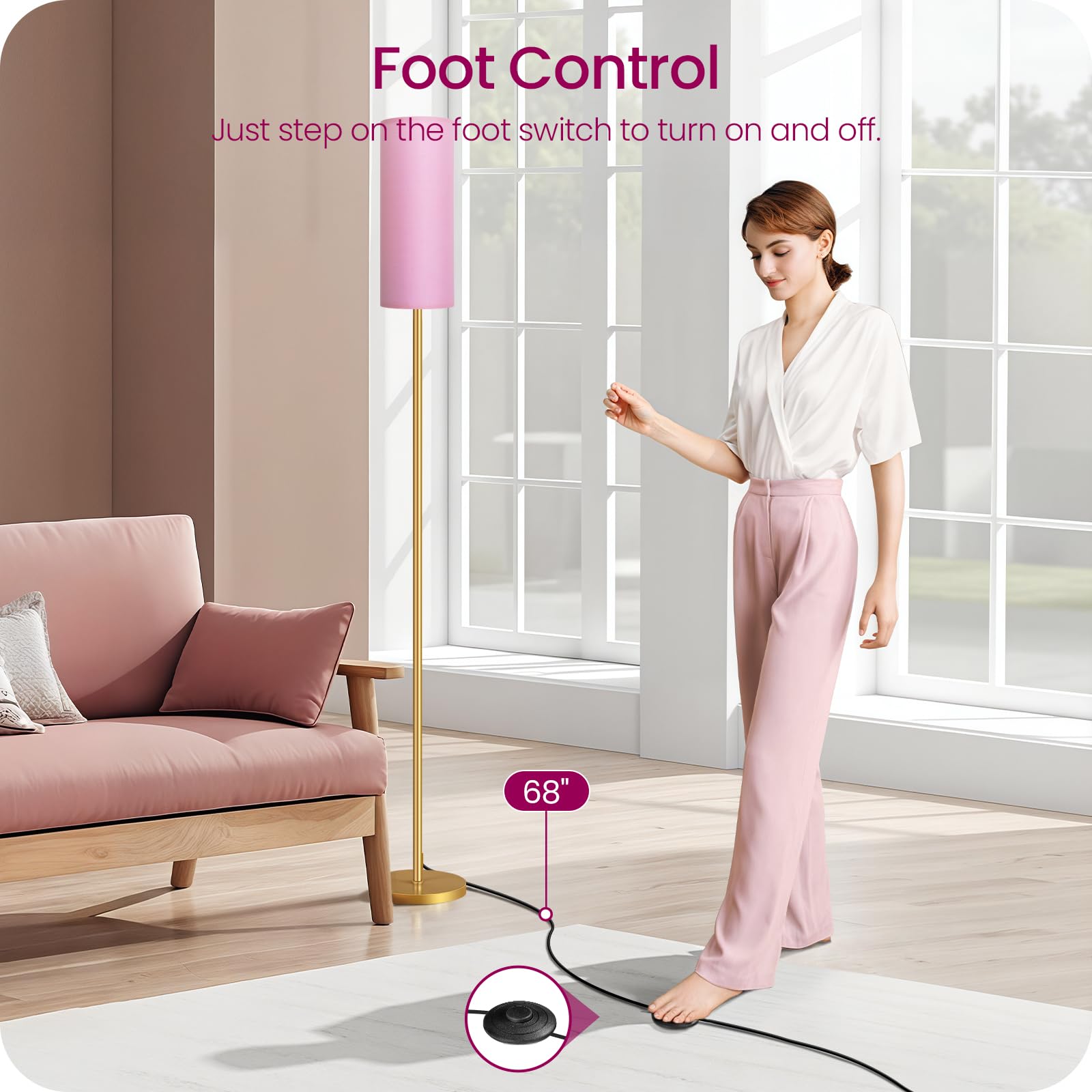 Dimmable Pink Floor Lamp For Living Room With Remote And Foot Switch, Corner Floor Lamp, 66'' Standing Tall Lamp, 10W 900Lm Bulb