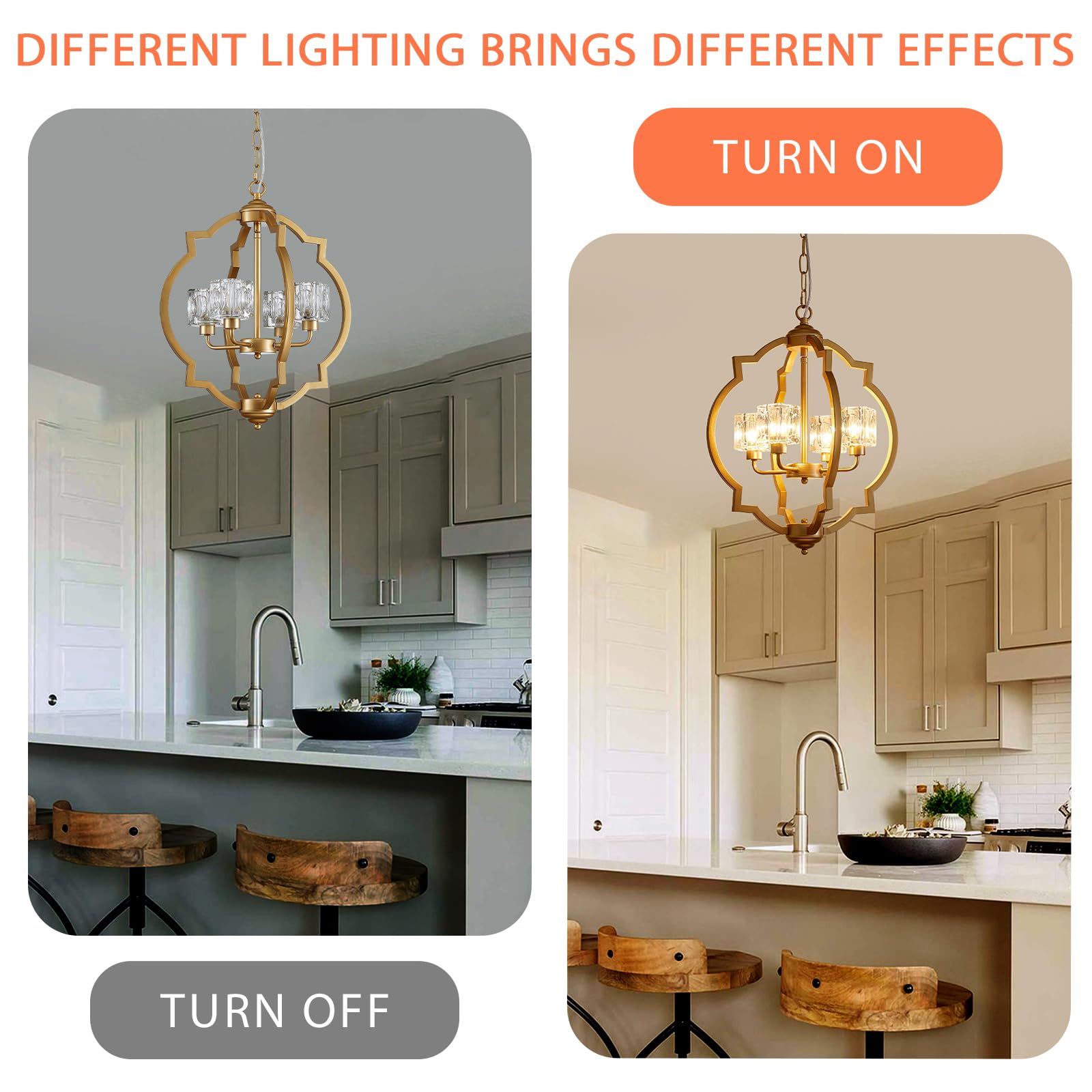 Majhoiw 4-Light Modern Chandelier, 17.7" Gold Metal Pendant Lighting for Dining Room, Living Room, Kitchen, Bedroom, Foyer