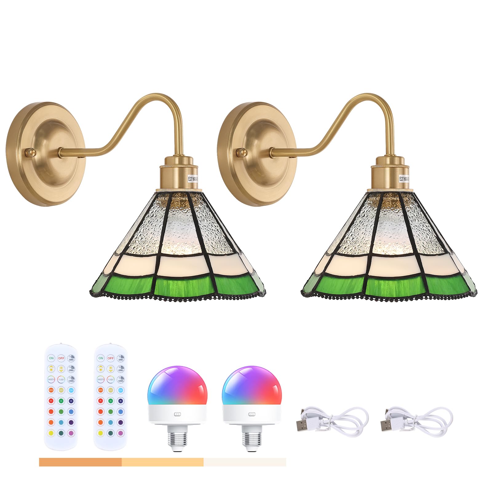 Shenmoyl Vintage Battery Operated Wall Sconce Set Of 2 With Remote, Rgb Led Wall Lamp 12 Colors Dimmable, Brass Lights Fixture For Bedroom Living Room Hallway Green Multilayer Petal