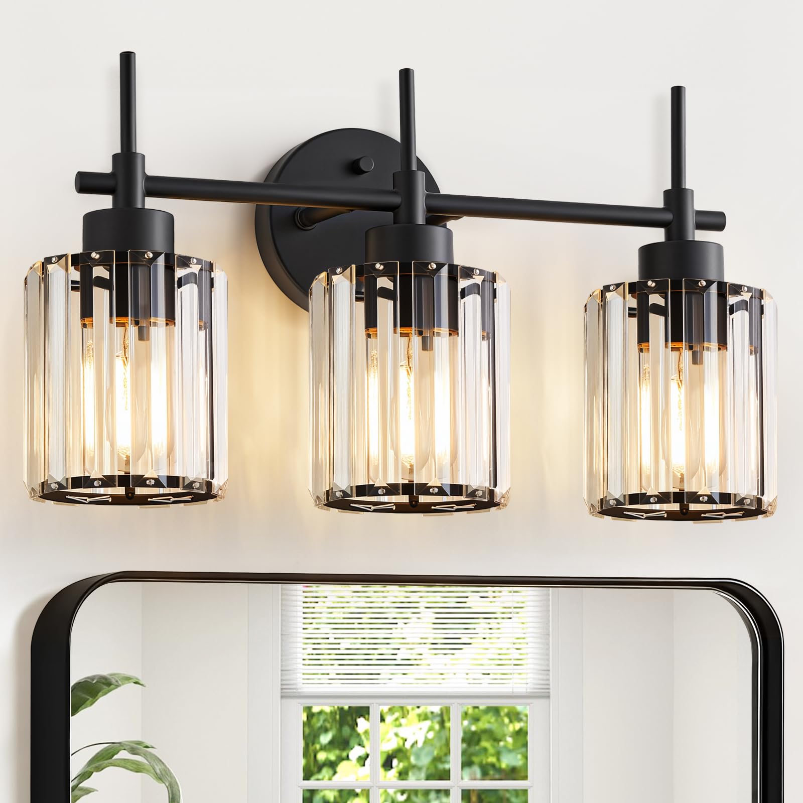 EJIAXIN 3 Light Black Crystal Vanity Light Fixture, Modern Wall Sconce for Bathroom and Bedroom, Metal, Model 7003