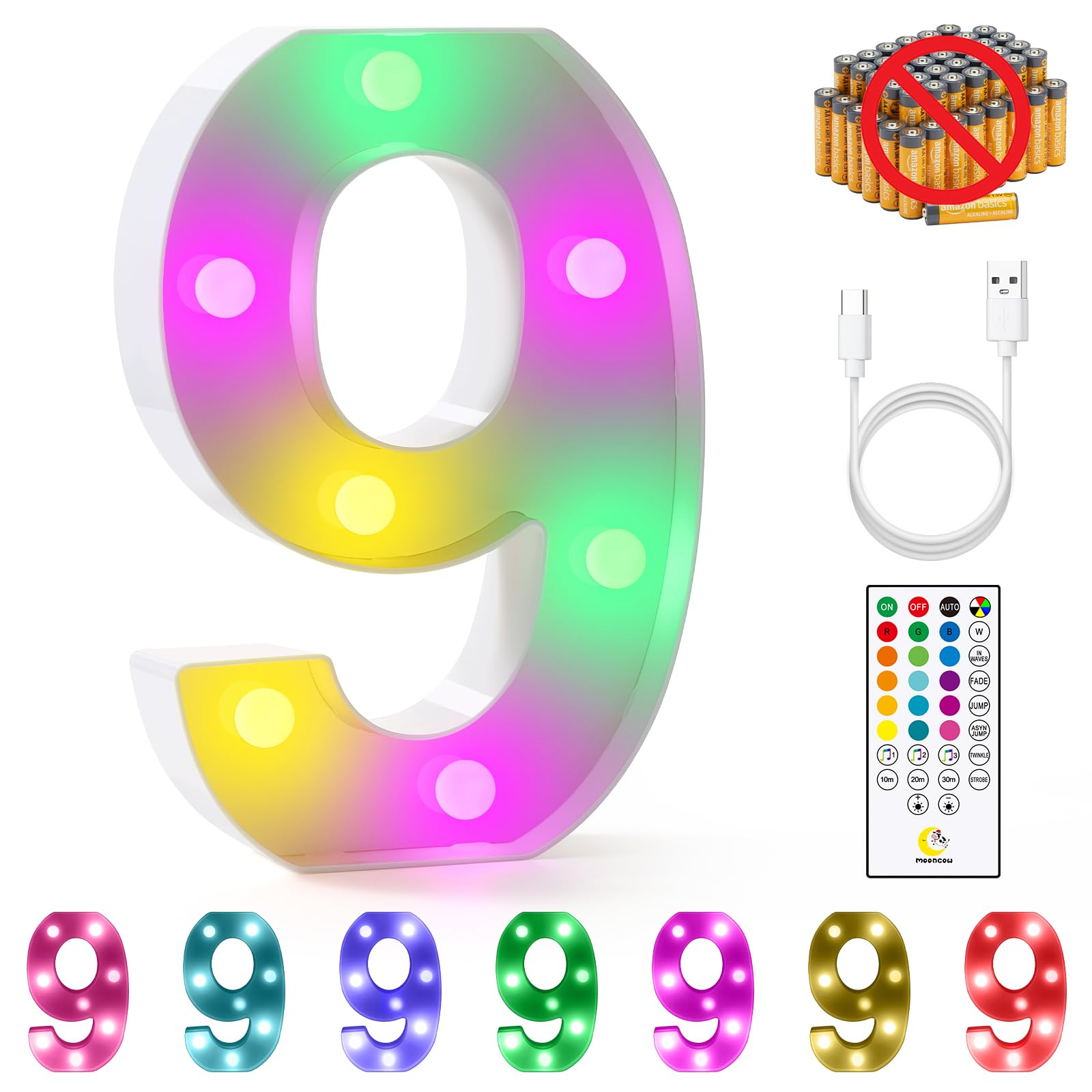 mooncow Rechargeable Light Up Letters,Colorful Marquee Letters with Remote,Gift Wrap Gifts,Bedroom Home Bar Party Decor (9)