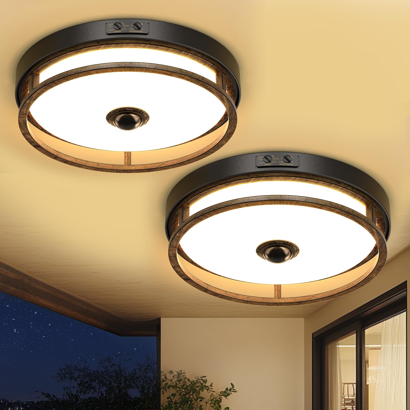 Oykyohei Motion Sensor Outdoor Ceiling Light, 2 Pack Outdoor Flush Mount Led Farmhouse Ceiling Light Fixtures, 12'' Dusk To Dawn