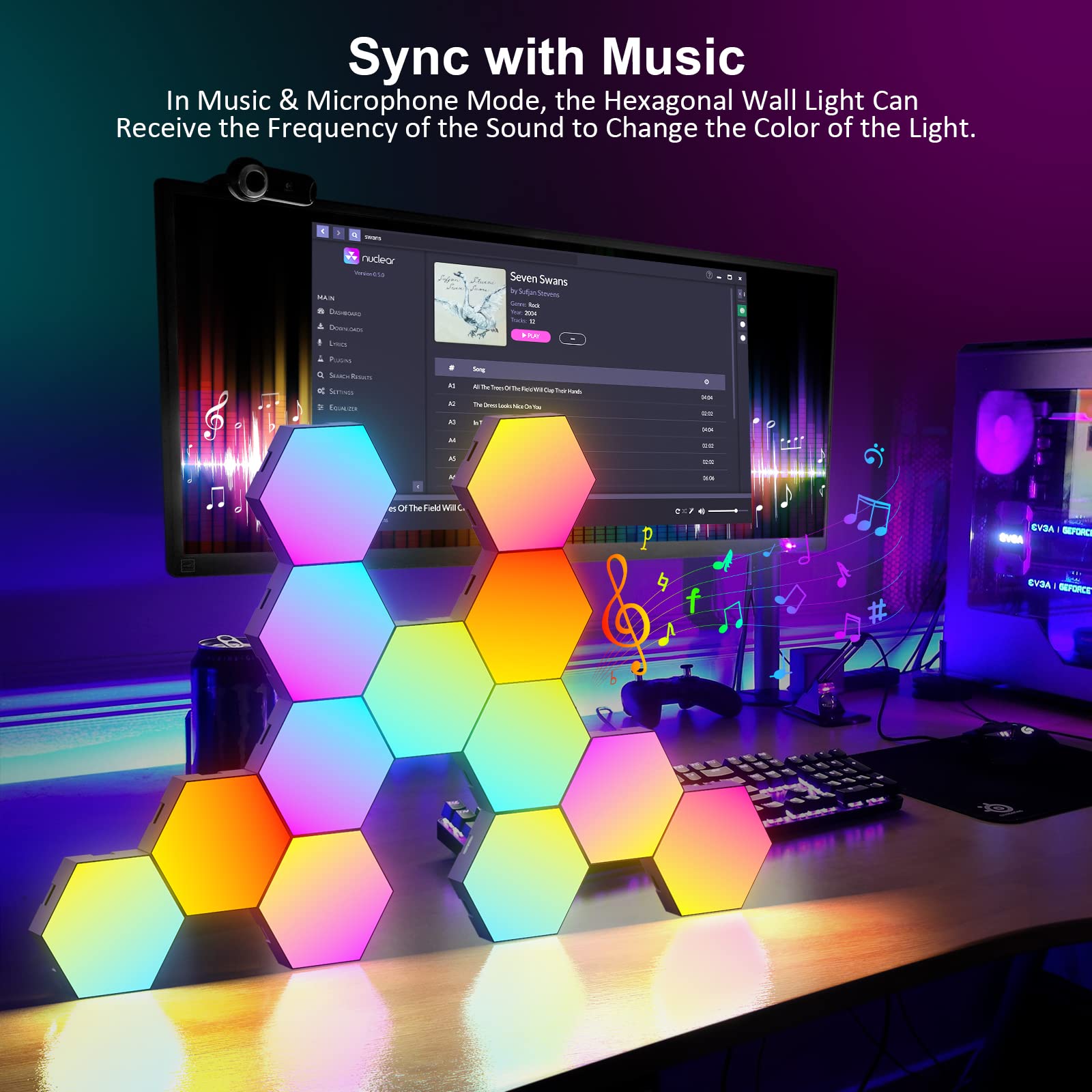 Ojq 12 Pack Hexagon Lights Wall Rgb Panel - Smart App Rgb Hexagonal Modular Gaming Light Music With Sync Honeycomb Shape Panels