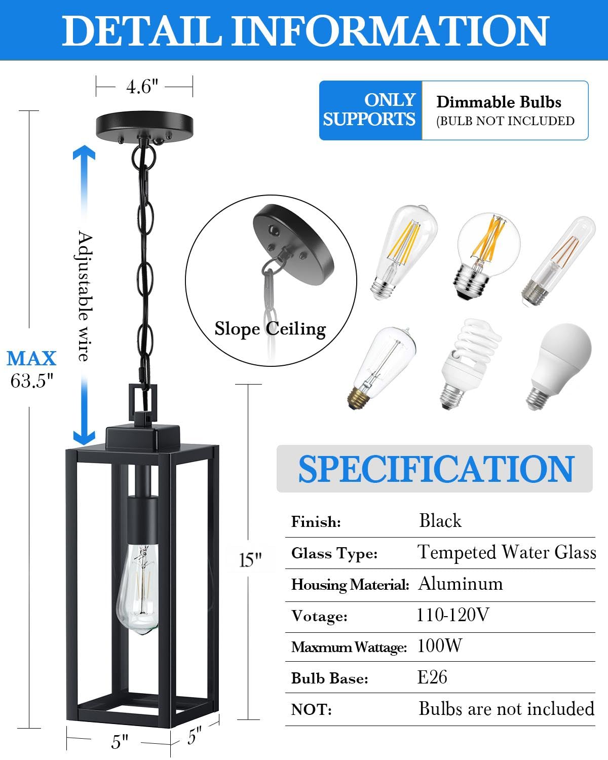 MYHXQ 15" Motion Sensor Outdoor Pendant Light, Black Aluminum Chandelier for Porch & Yard, Model MY-CL216A-BK