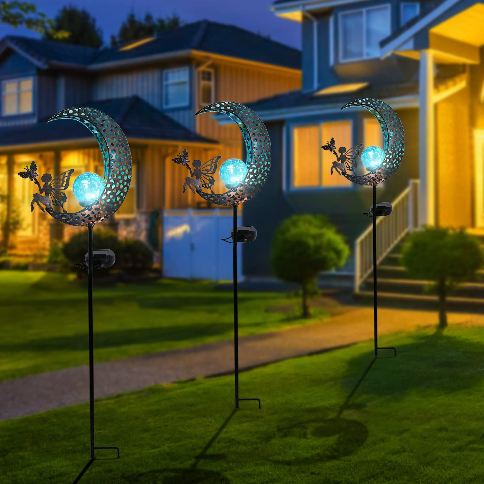 Bshine Moon Solar Light Outdoor Garden Decoration  Moon Fairy Garden Statue Christmas Outdoor Decor Metal Waterproof Light Stake For Patio  Path  Yard And Lawn Ornament  Housewarming Gift For Mom Blue