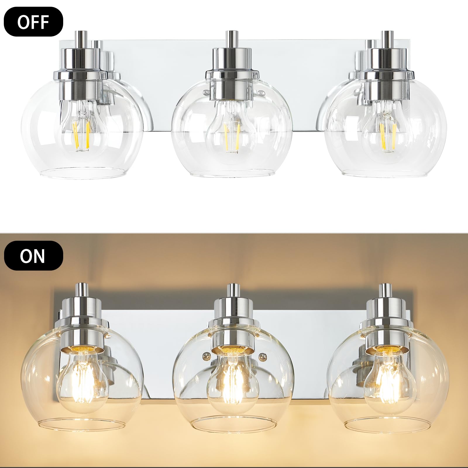 Tuscarora Bathroom Light Fixtures, Chrome Vanity Light 3 Light Bathroom Vanity Light With Clear Glass Shade,Bathroom Light Over Mirror,Bathroom Lighting Fixtures For Mirror