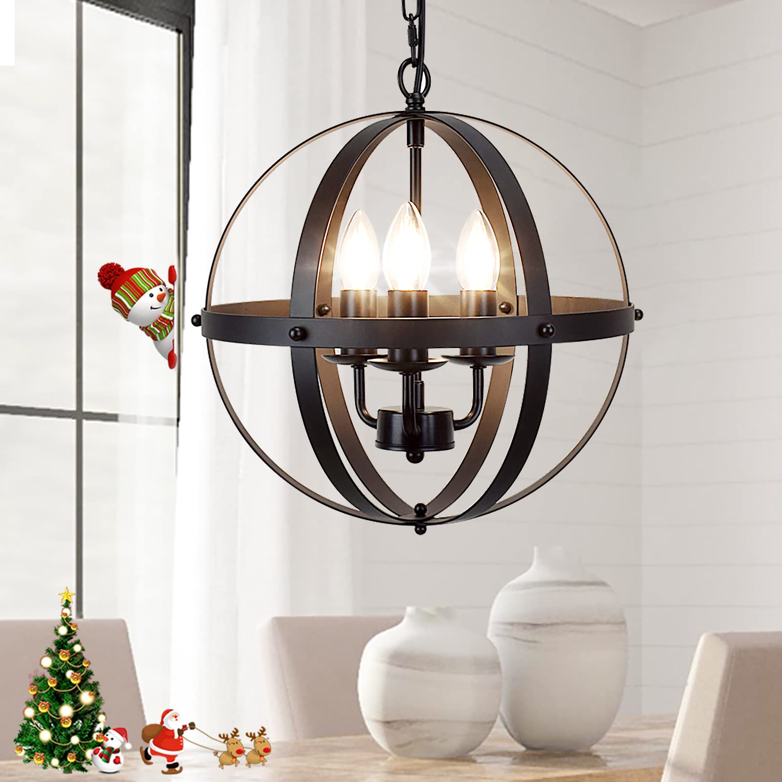 Dllt Vintage Pendant Hanging Light, Flush Mount Ceiling Chandelier Lamp With Metal Spherical Shade For Kitchen, Dining Room, Liv
