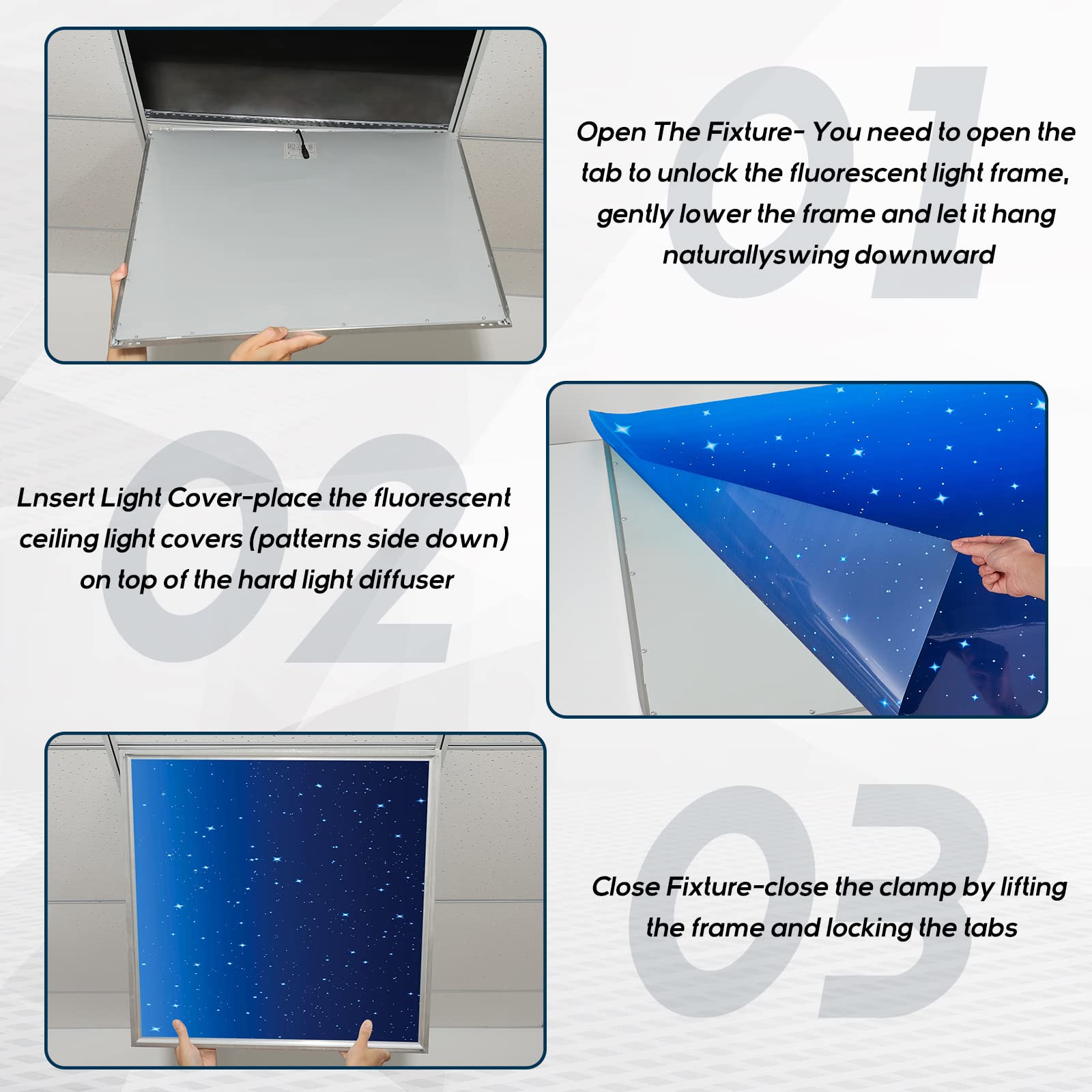 Amylove 4 Pcs Fluorescent Ceiling Light Covers With Star And Night Pattern, Classroom, Dark Color