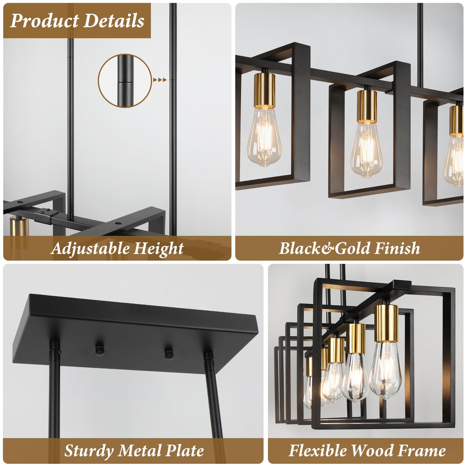 Brightever 5-Light Black Gold Dining Room Chandelier, Wood Modern Pendant Light Fixture, Model 3668-P5-GDBK