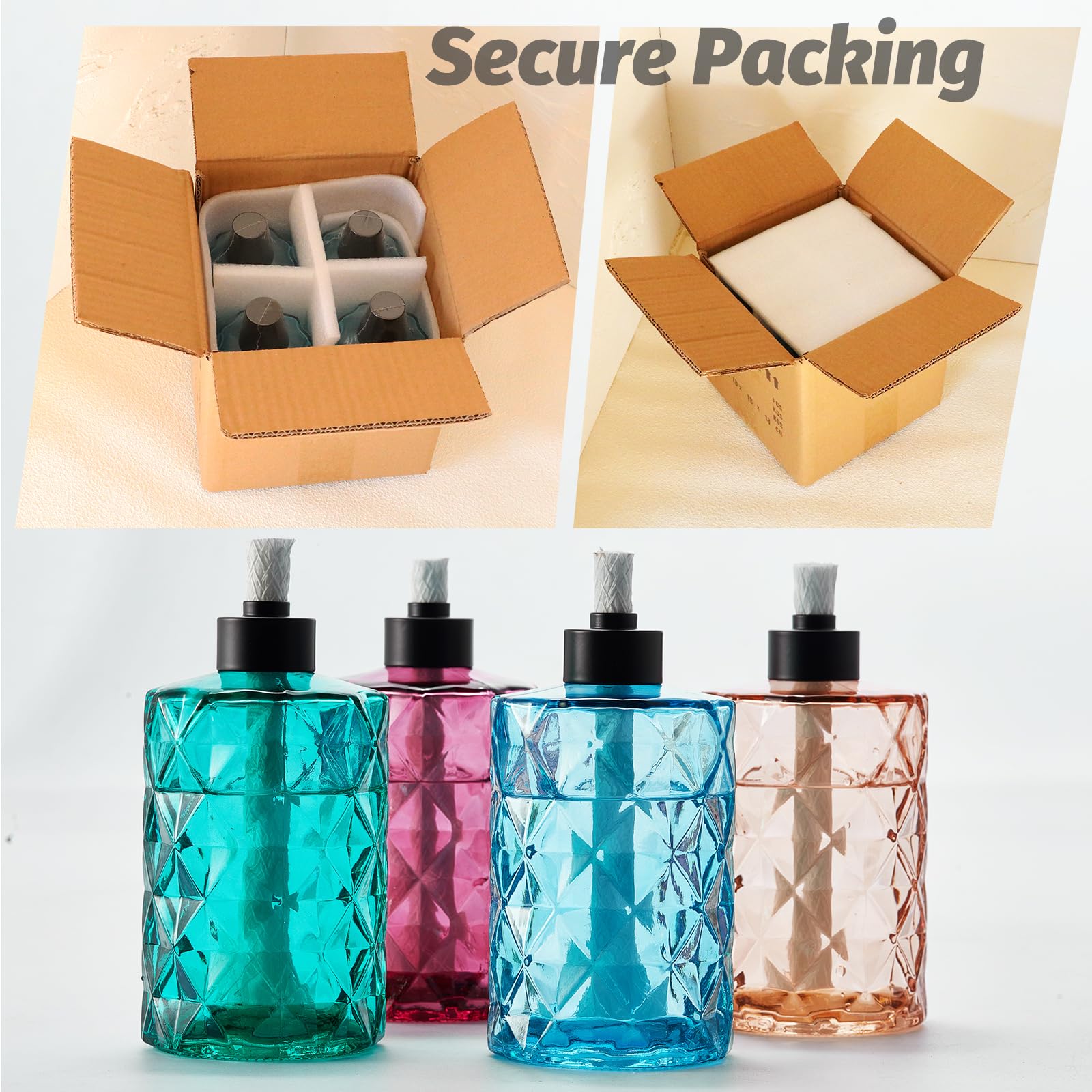 4 Pack Glass Table Top Torches Tesrago, Citronella Torches For Outside, With Wick And Cap, Refillable Flame Light Torch, Decorative Tabletop Lantern For Yard, Patio,Deck,Garden,Outdoor Party,Landscape