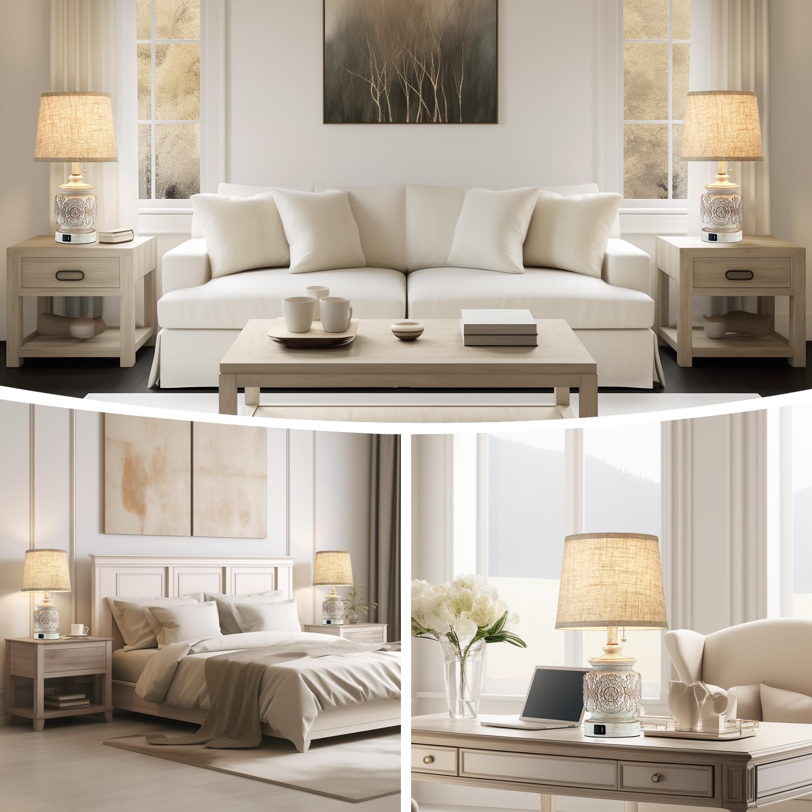 19.5'' Farmhouse Vintage Table Lamps For Living Room Set Of 2 Traditional Rustic Bedside Lamps For Bedrooms Nightstand With Usb