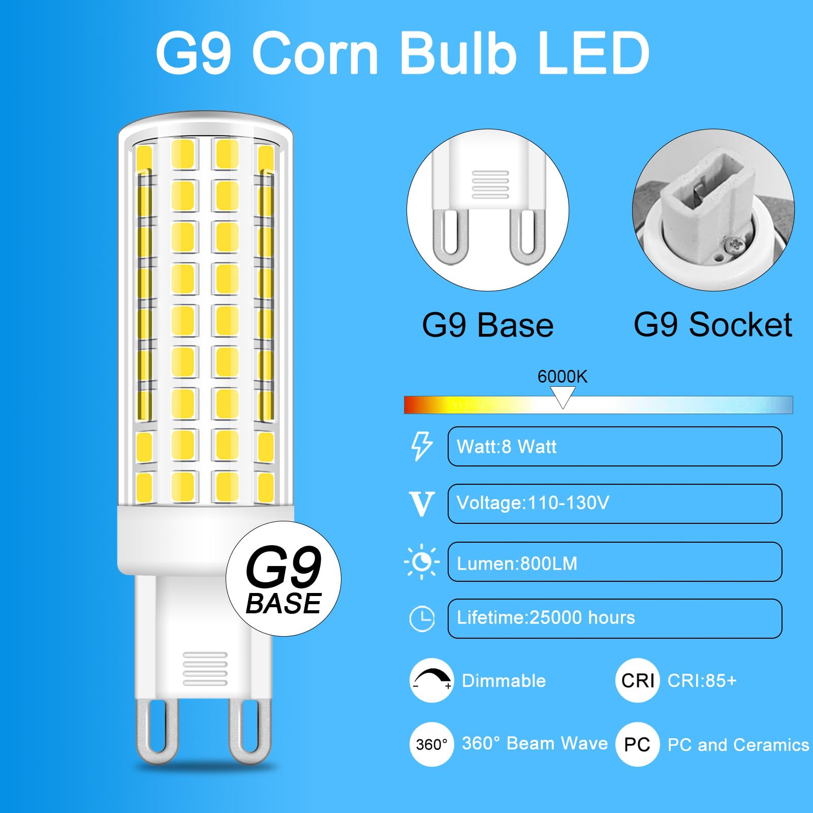 Brolskun G9 Led Bulbs 8W Chandelier Light Bulbs (80W Halogen Equivalent) 6000K Daylight White,T4 G9 Ceramic Bi Pin Base 800Lm 11