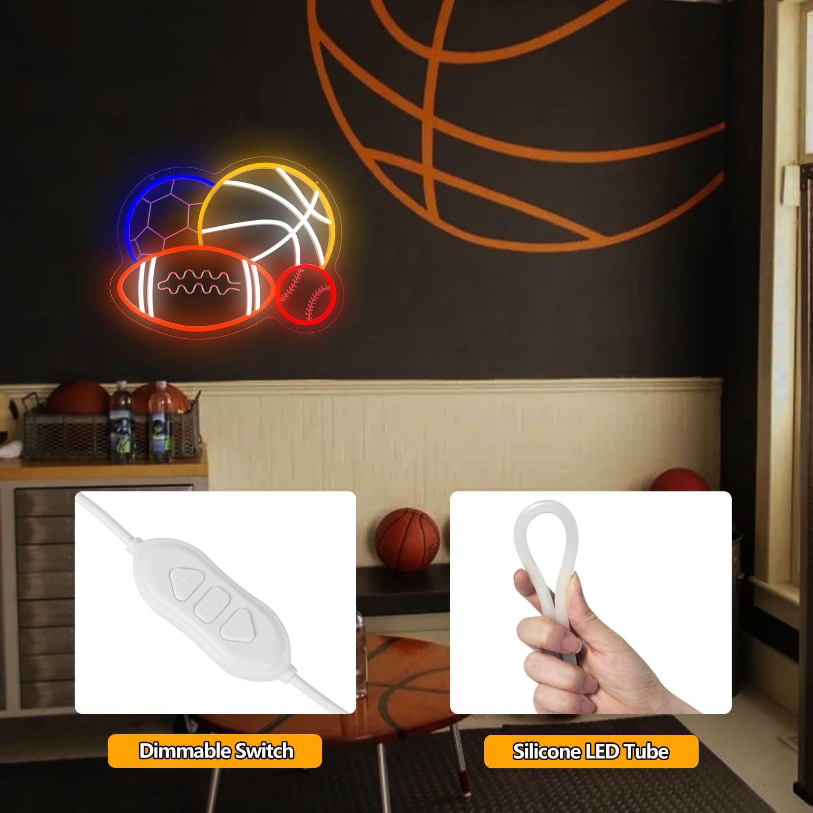 Nen Sign 4 Ball Combination Sport Neon Sign - Soccer, Basketball, Baseball, Football - LED Wall Decor for Boys Bedroom, Playroom, Man Cave