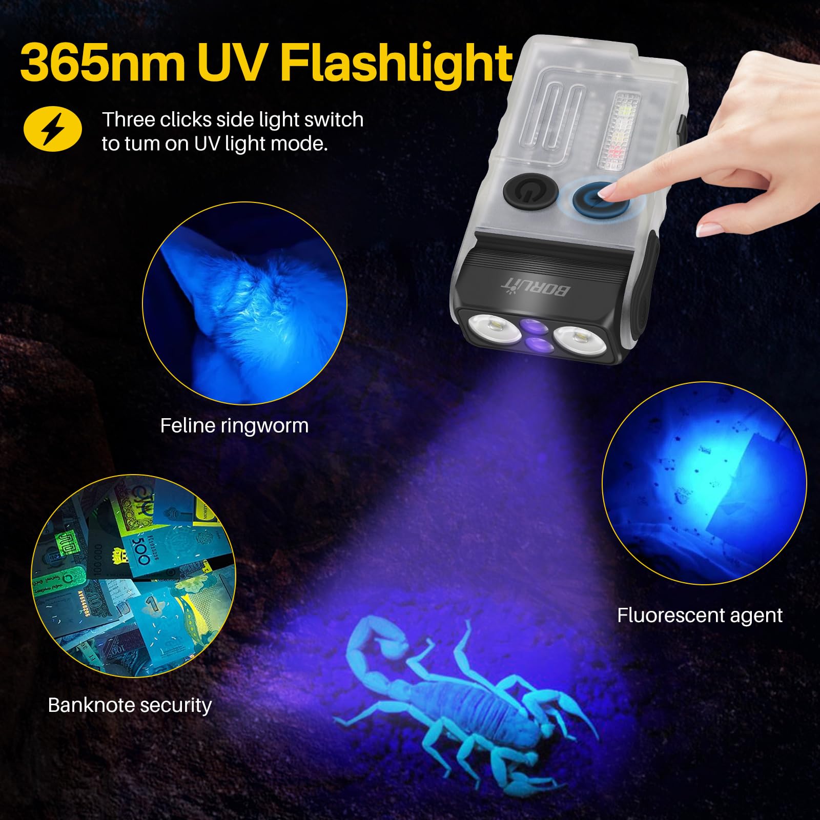 BORUiT V20 LED EDC Flashlight - 1000 LM, 365nm UV Light, USB C Rechargeable, Mini Pocket Keychain, IP67, White