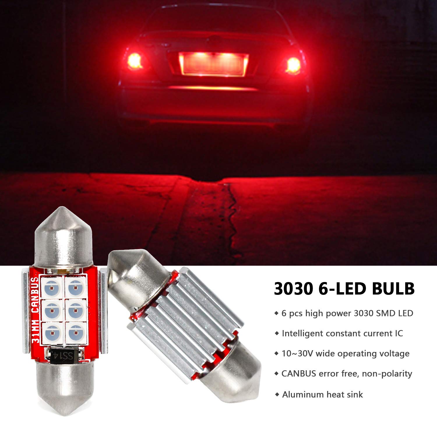 Phinlion Super Bright De3021 Led Red Bulb 3030 6-Smd Festoon 1.25 '' 31Mm De3175 De3022 Miniature Led Bulbs For Car Interior Doo