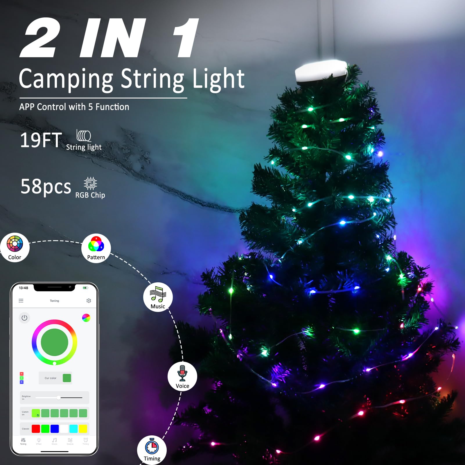 Dibms 1-Pack Led Camping String Light W/App Control, 19Ft Rechargeable Multi-Color Waterproof Hanging Light For Outdoor Camping
