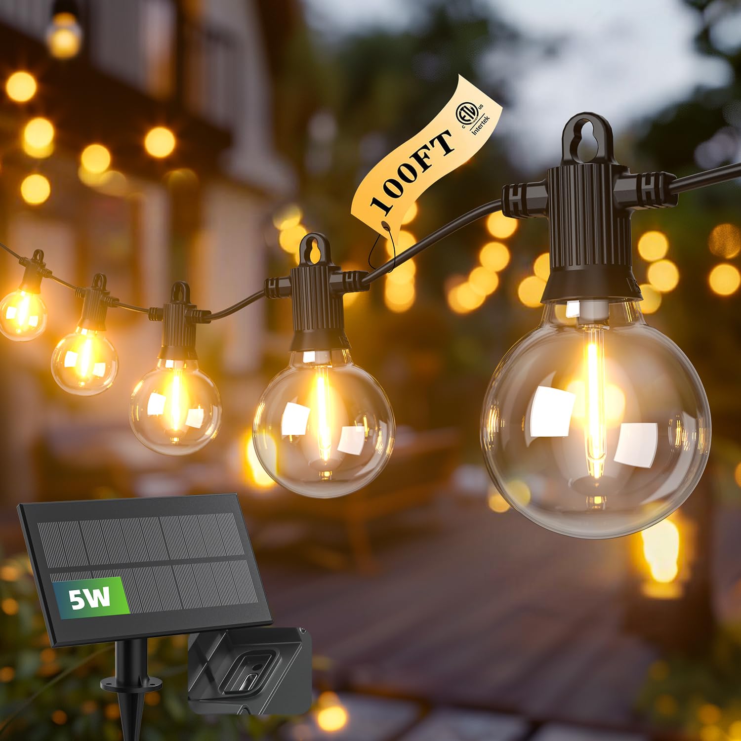 Kawaya Solar Powered String Lights - 100FT Outdoor IP65 Waterproof LED, Black, Shatterproof Edison Hanging Lights for Patio and Camping