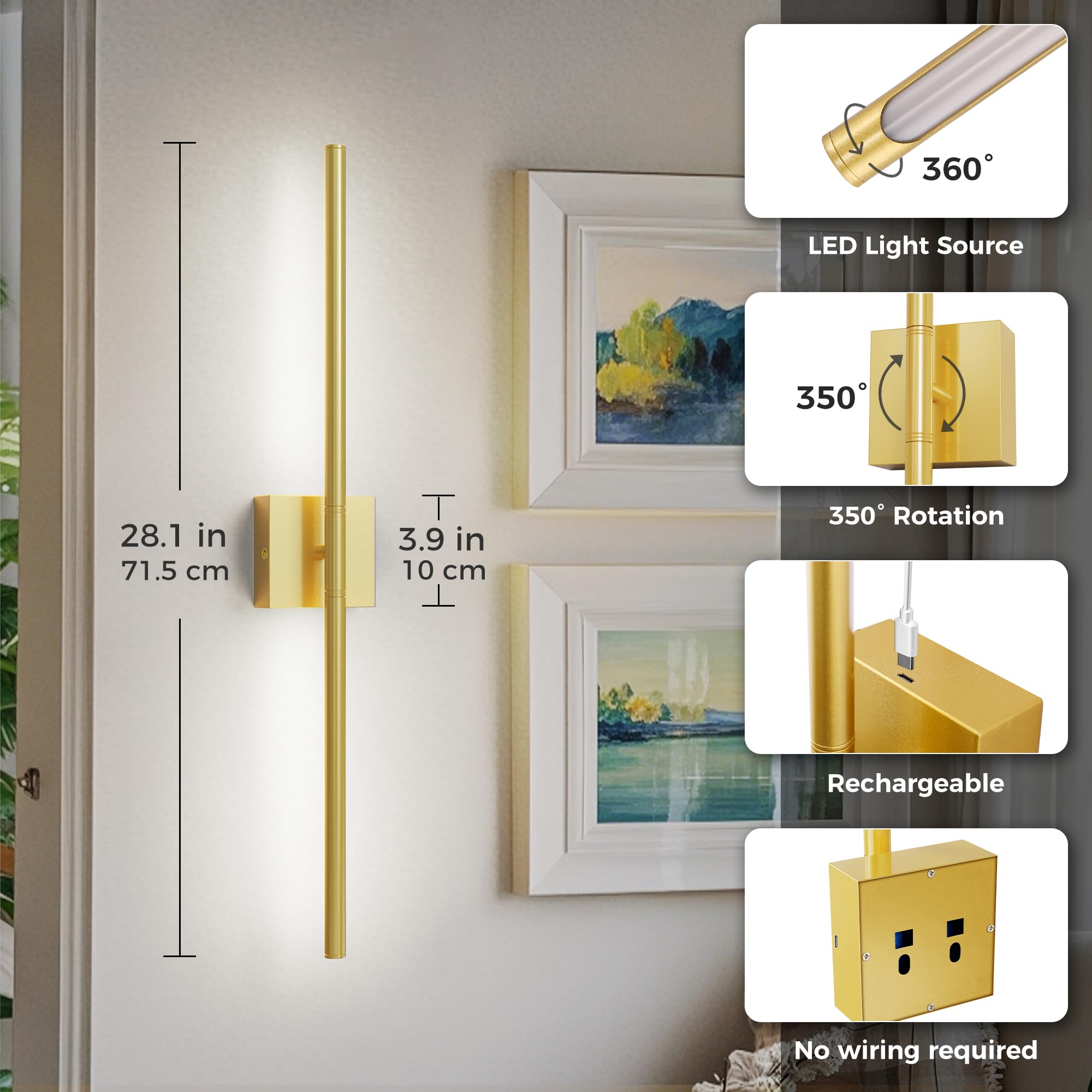 L Lohas Led Battery Operated Wall Sconces Set Of 2, Battery Wall Sconce 10000Mah, Gold Rechargeable Sconces 6000K, 28.3 Inch Wir