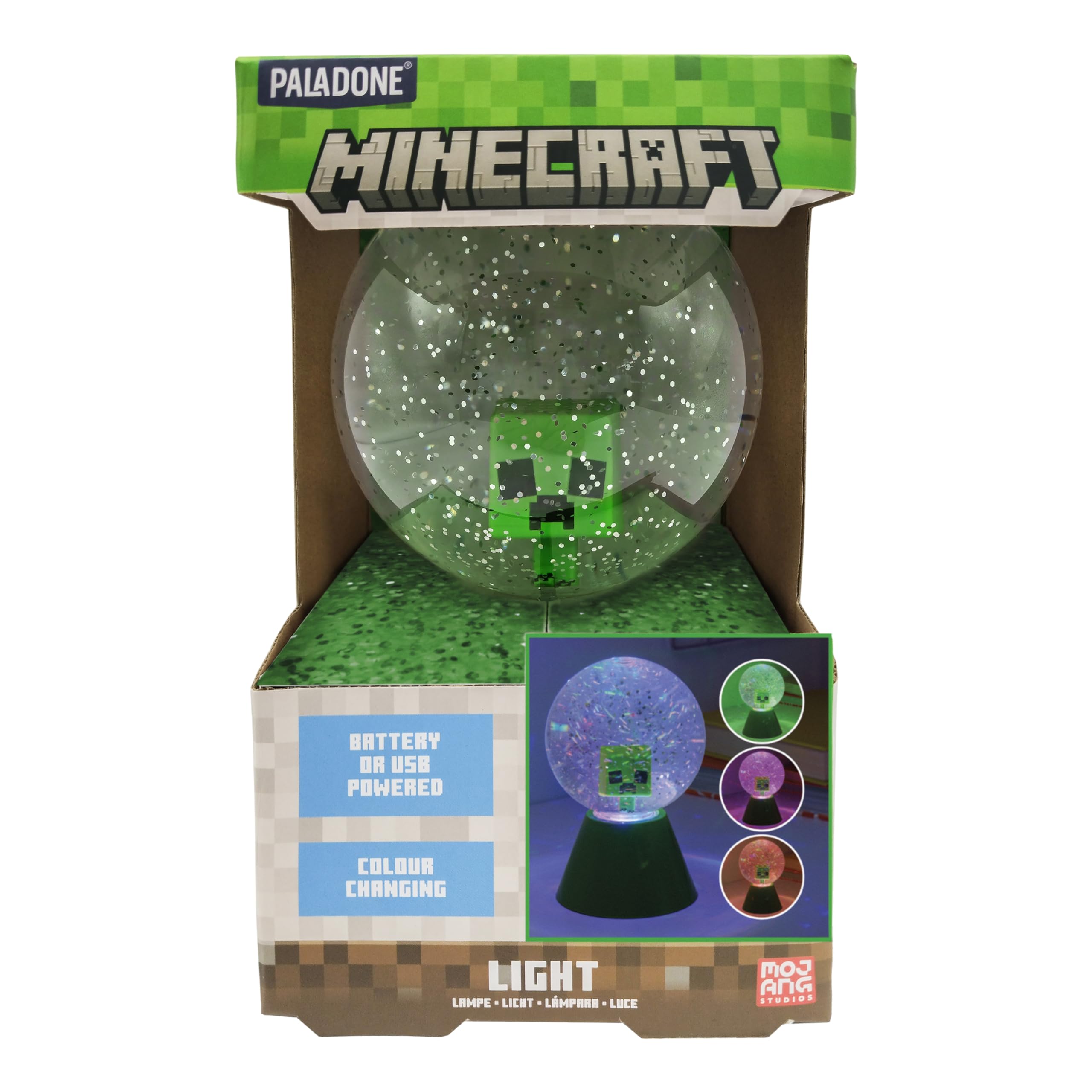 Paladone Minecraft Creeper LED Glitter Ball, Officially Licensed Colour Changing LED Snow Globe for Kids and Teens, Gaming Merch