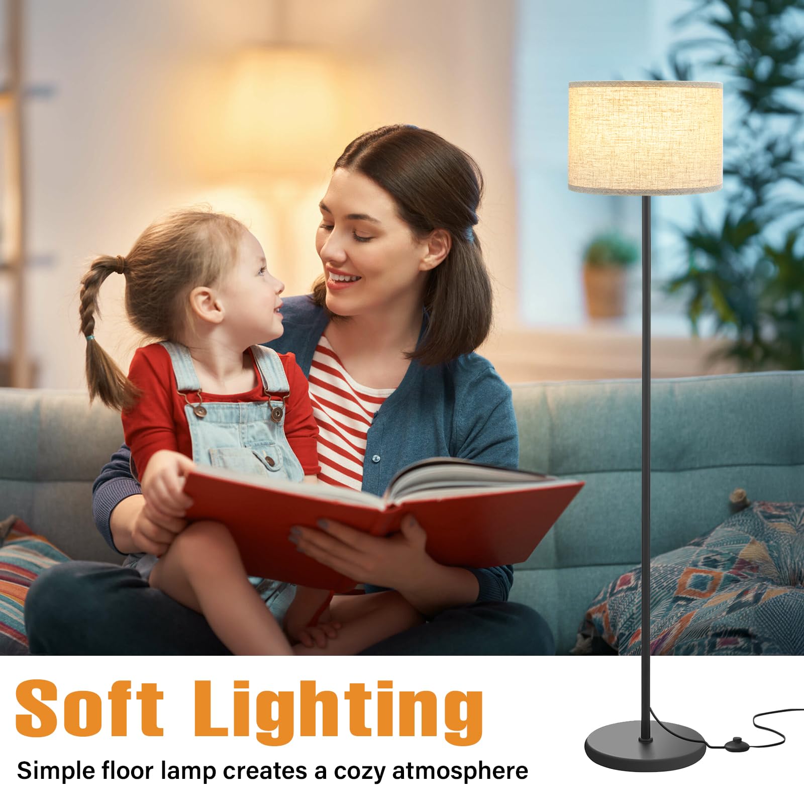 Ambimall 60'' Modern Floor Lamp With Shade, Tall Lamps For Living Room, Bedroom, Office, Dining Room, Beige Shade With Black Pol