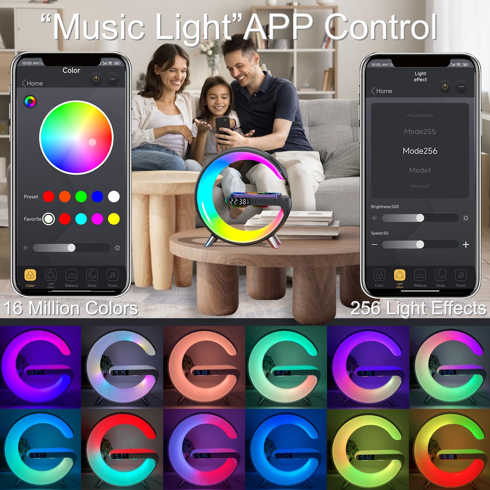 Treligate Wireless Charging Table Lamp, Smart Light Sound Machine, Bluetooth Speaker, Large G, Black, Model NH-69