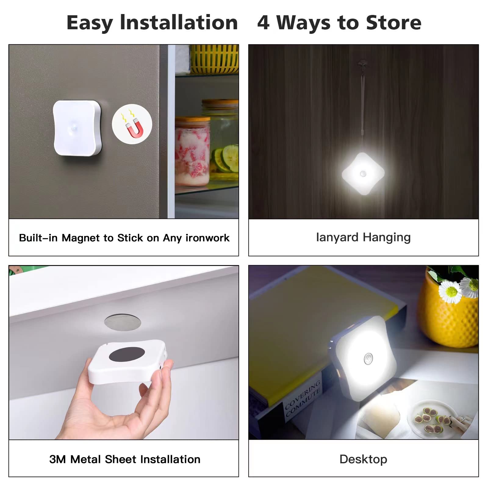 Bestendony Rechargeable Motion Sensor Lights, 4 Pack, Wireless Stick-On, White, for Stairs, Hallway, Closet, Bedroom, Kitchen, Be-12LED-001