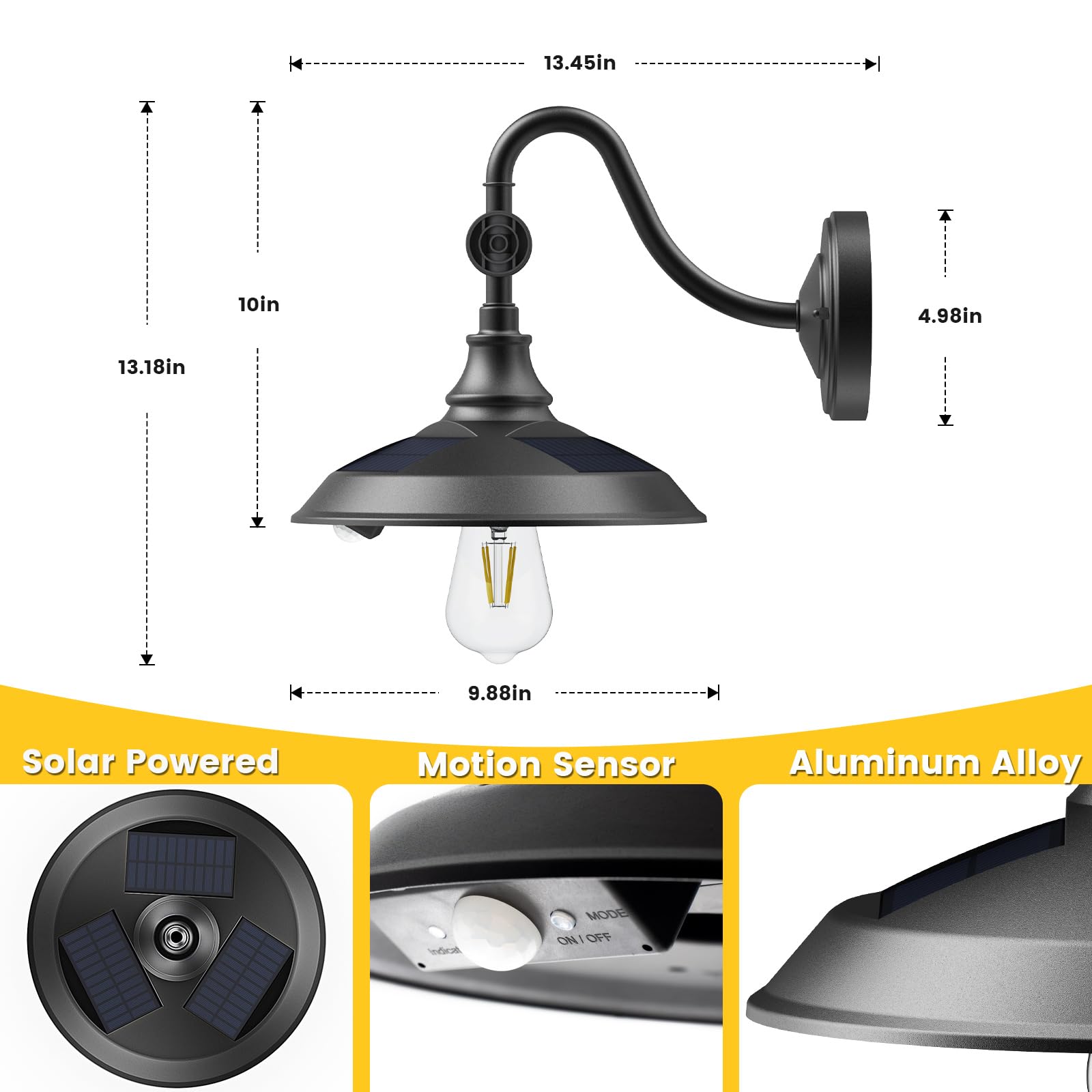 SIEDiNLAR Solar Barn Light - 3 Modes, Waterproof, Aluminum, Black, 2 Pack, Model SD033B-2PK