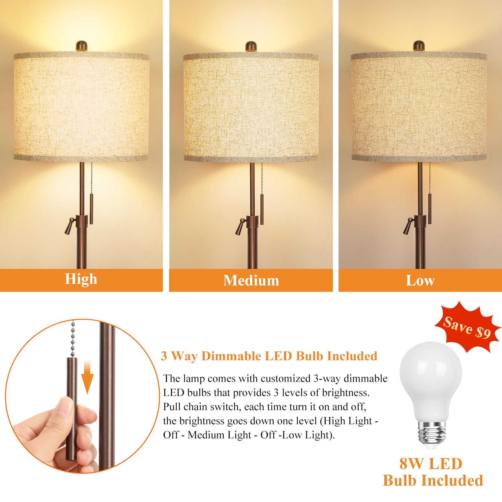 Metal Brown Floor Lamp For Living Room, Adjustable Height Standing Lamp, Pole Light For Bedroom, With Linen Shade And Metal Base