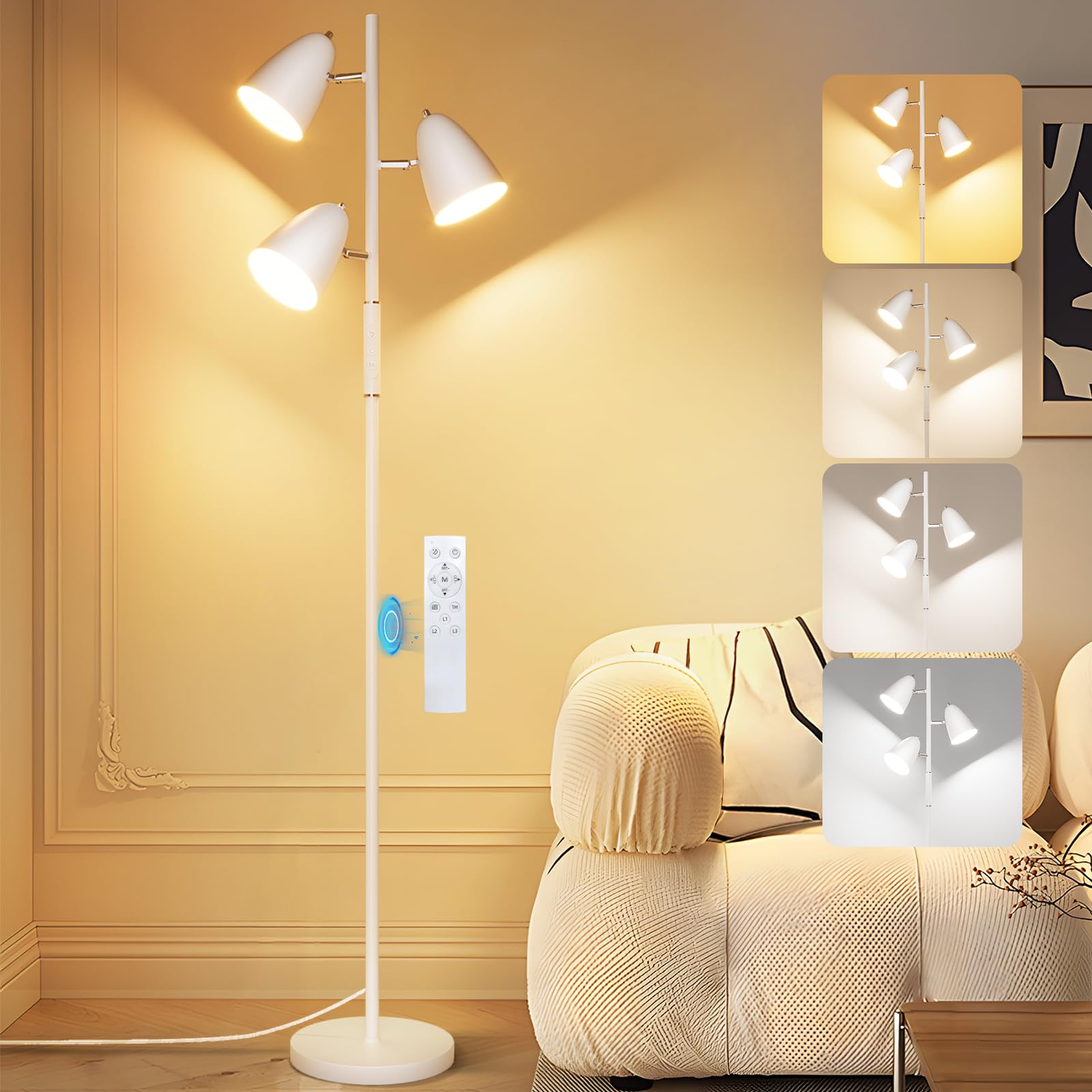 QiMH LED Floor Lamp, Modern Dimmable Standing Lamp, 4 Color Temperatures, Remote & Touch Control, White, Model FLA-036-A3