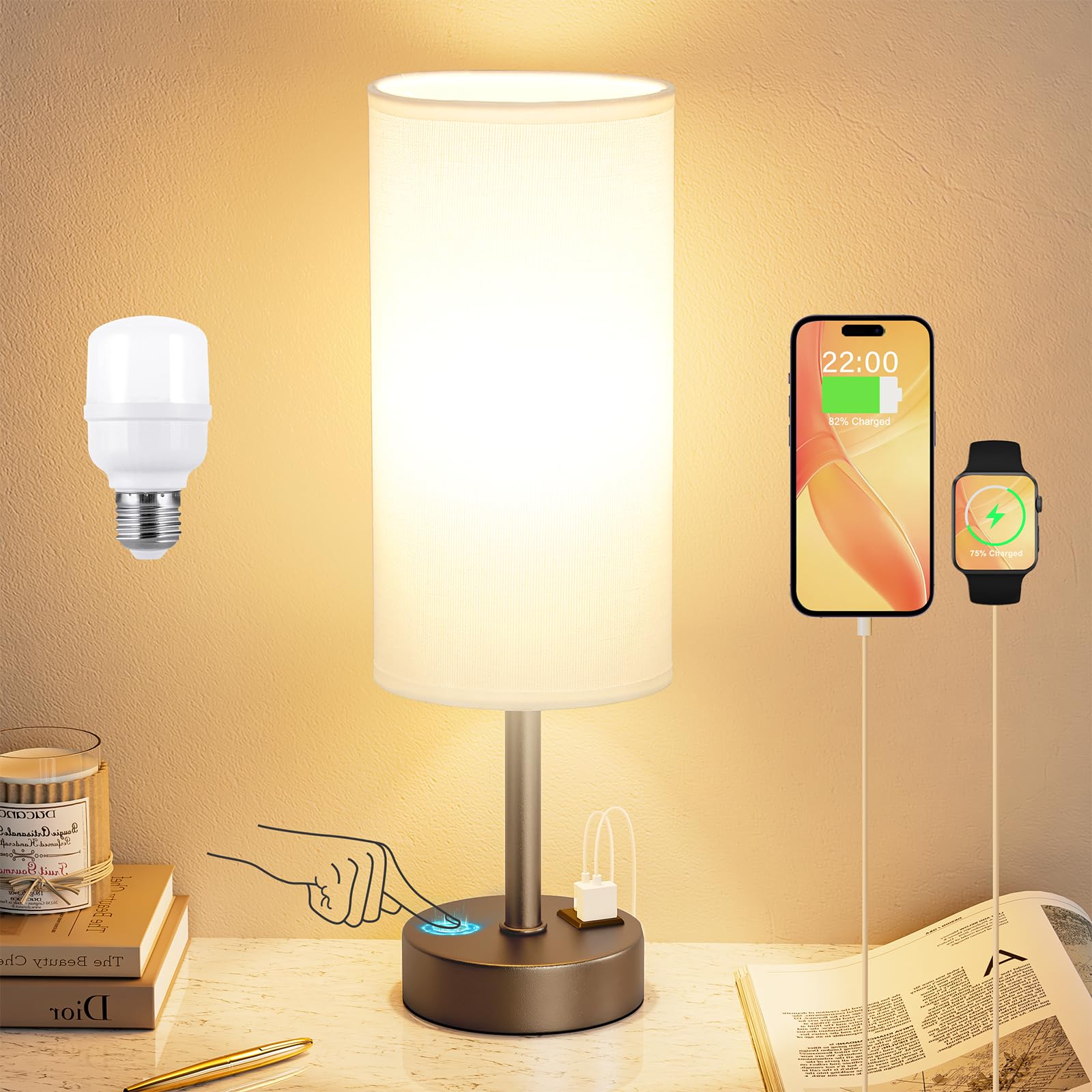 Bedside Touch Table Lamps For Bedroom Nightstand With Usb-C Usb-A Charging Ports, White & Brown 3 Way Dimmable Small Desk Lamp F