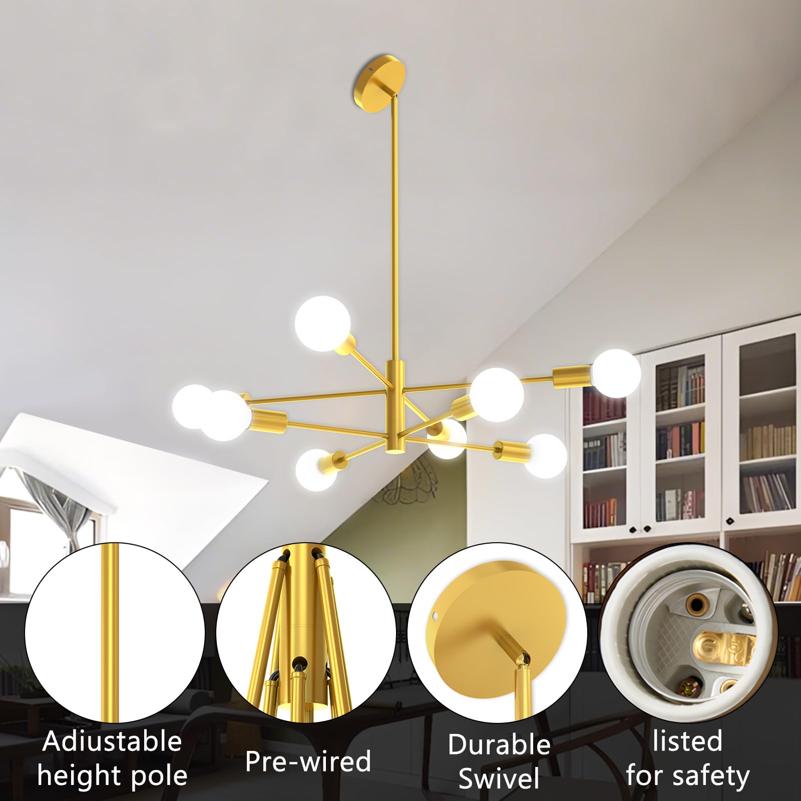 ANYTOP Modern Chandelier 8-Light Gold Metal Fixture 53InchH Adjustable for Dining Room, Kitchen, Bedroom, Foyer - Model HG02154