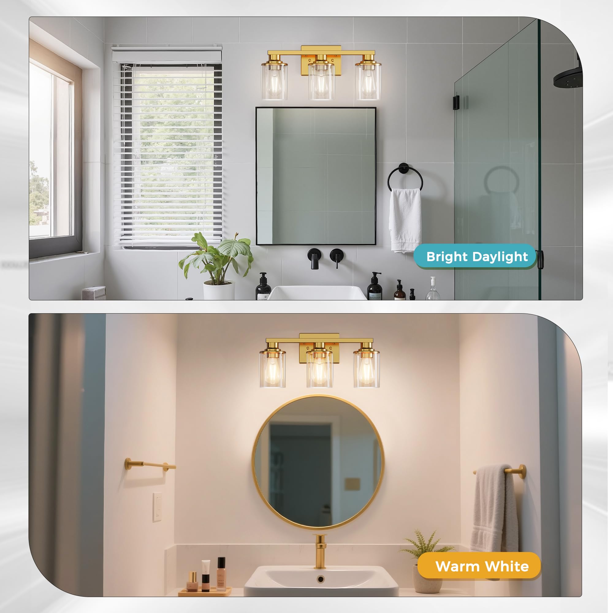 Doresshop 17 Inch Bathroom Light Fixtures  3-Light Brushed Gold Bathroom Lighting Fixtures Over Mirror With Clear Glass Shade  Vanity Lights For Living Room Bedroom