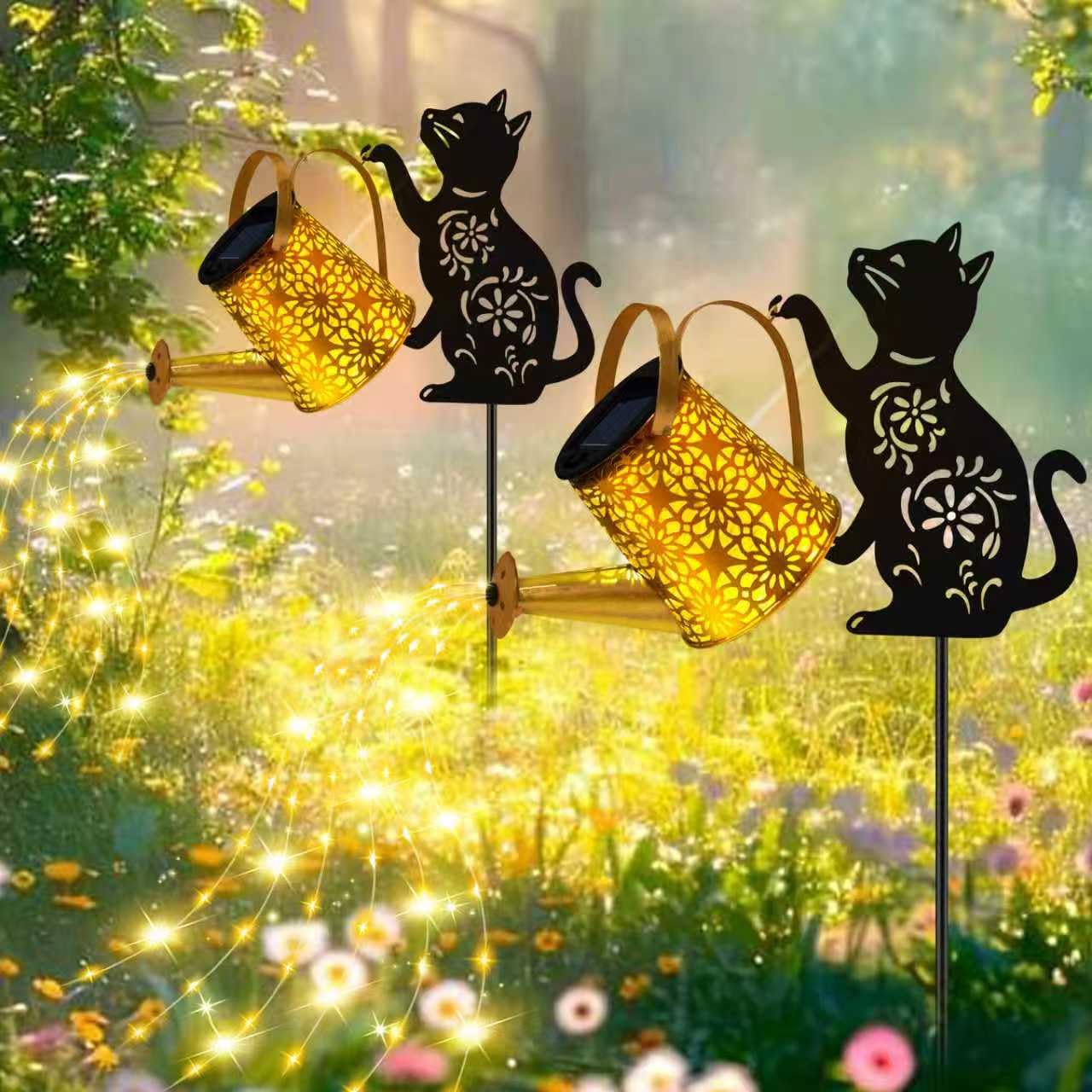 Solar Lights Outdoor Decorative  Watering Can With Cascading Lights  With Cat Silhouette Garden Stakes  Waterproof Metal Garden Decor For Yard Art  Outside  Patio  Lawn Ornaments 2Pack