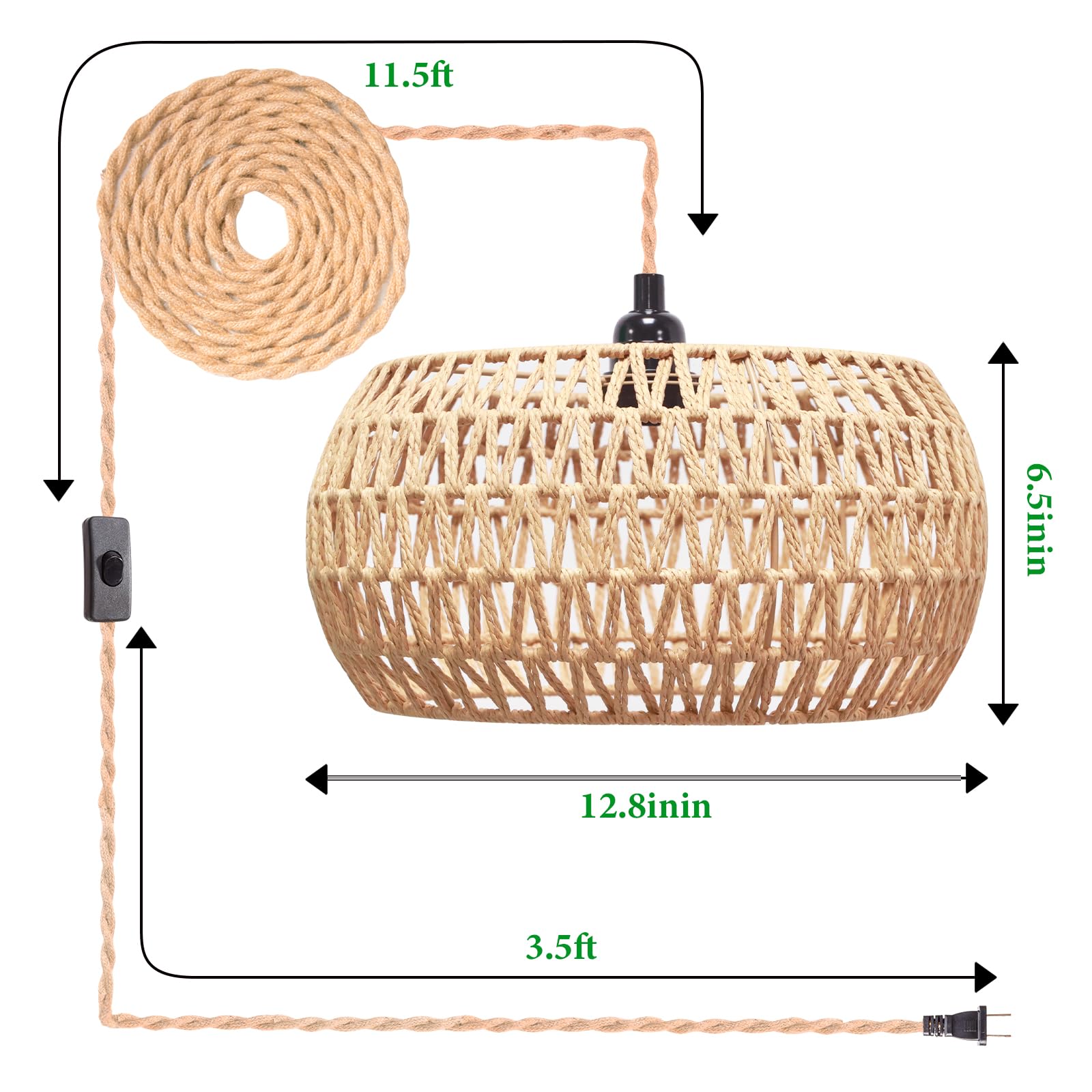 Garvot Plug In Pendant Light Rattan Hanging Lamp, Rattan Pendant Light With On/Off Switch,Rattan Woven Lampshade Hanging Lamp Pl