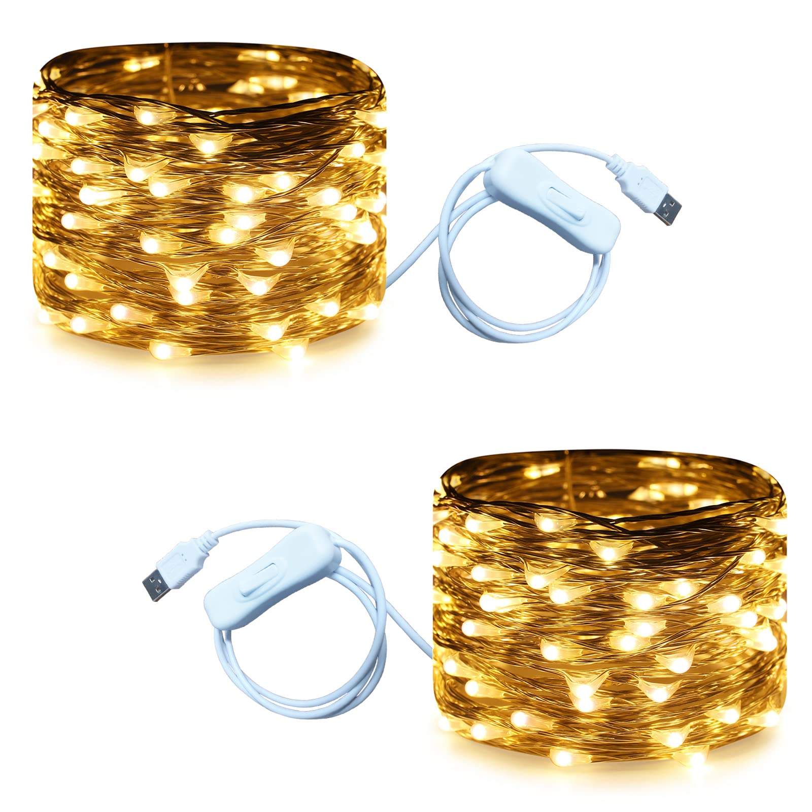 RUICHEN USB Fairy Lights 33 Ft 100 LED String Lights with On/Off Switch (Warm White  2 Pack)