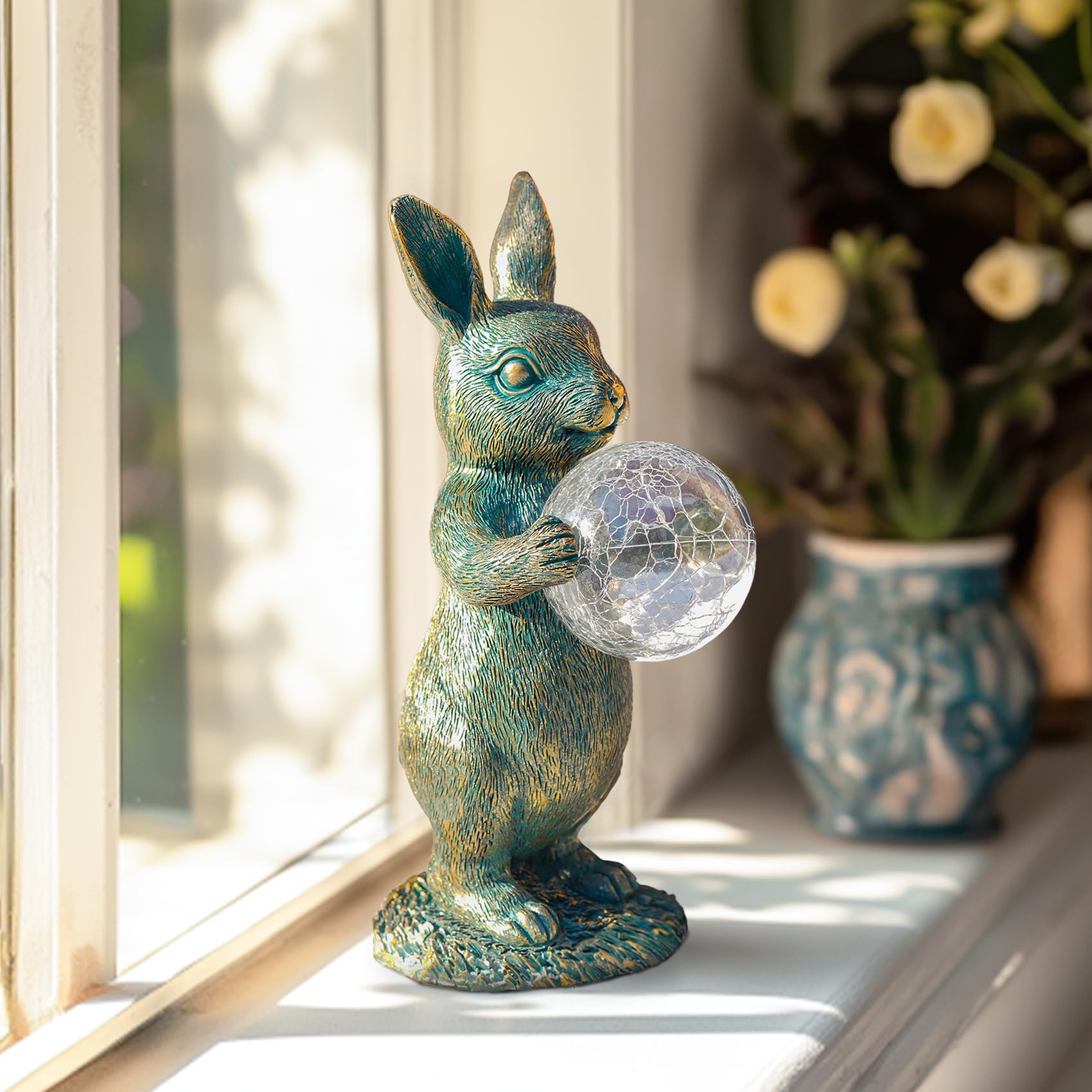Mininova Garden Outdoor Statues Rabbit With Solar Light Bunny Figurines Decorations With Wider Base & Reinforced Weight For Pati