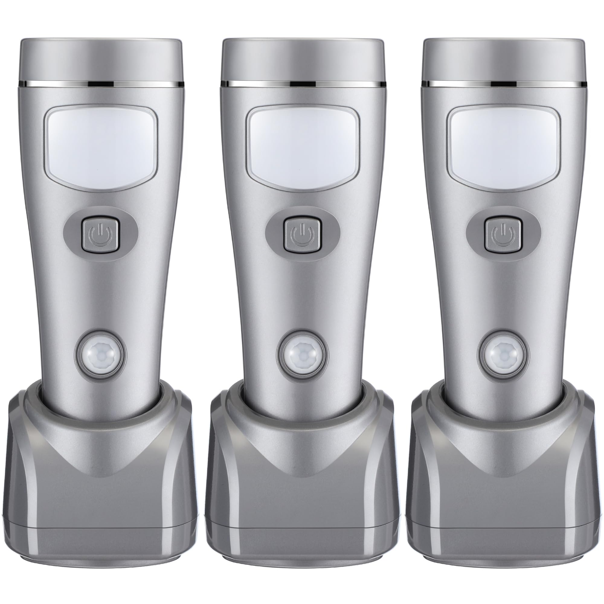 Enhon 4 in 1 LED Rechargeable Plug in Flashlights, 3 Pack LED Emergency Lights for Home Power Failure, Plug in Power Outage Light, Power Failure Light with Motion Detection (Silver)