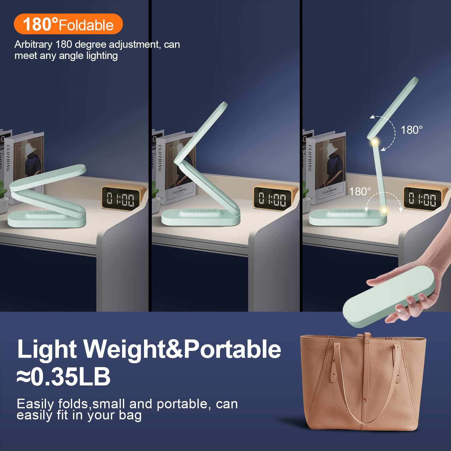 Giryuhd LED Desk Lamp, Rechargeable & Foldable, 3 Brightness Levels, Grayish Green, Model A211, Portable Light for Office/Home