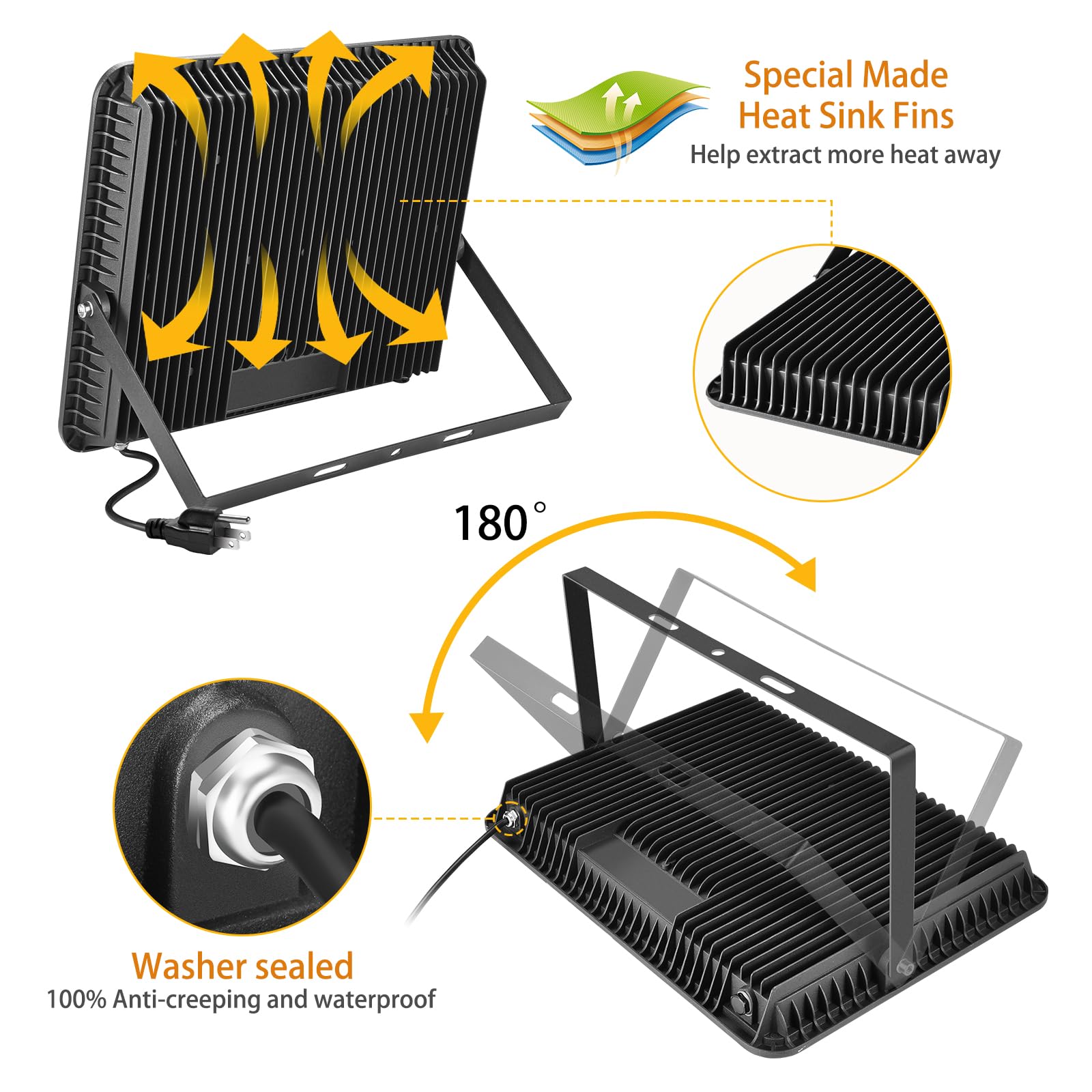 Yanycn 2 Pack 300W Warm White Led Flood Lights Outdoor,3000K Super Bright 43500Lm Security Lights With Plug,Exterior Ip66 Waterp