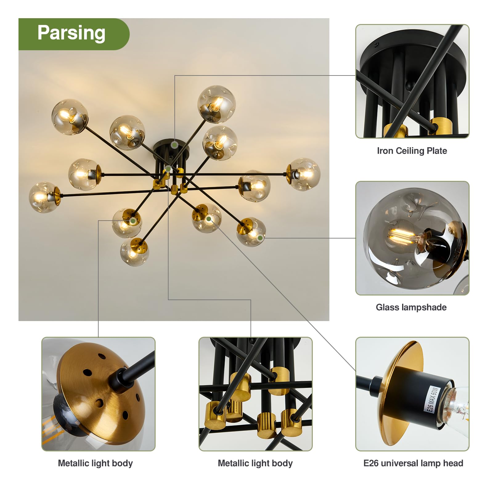 Szxykeji 12 Light Glass Globe Ceiling Light Black Mid Century Flush Mount Sputnik Light Fixture Bubble Chandelier For Living Roo