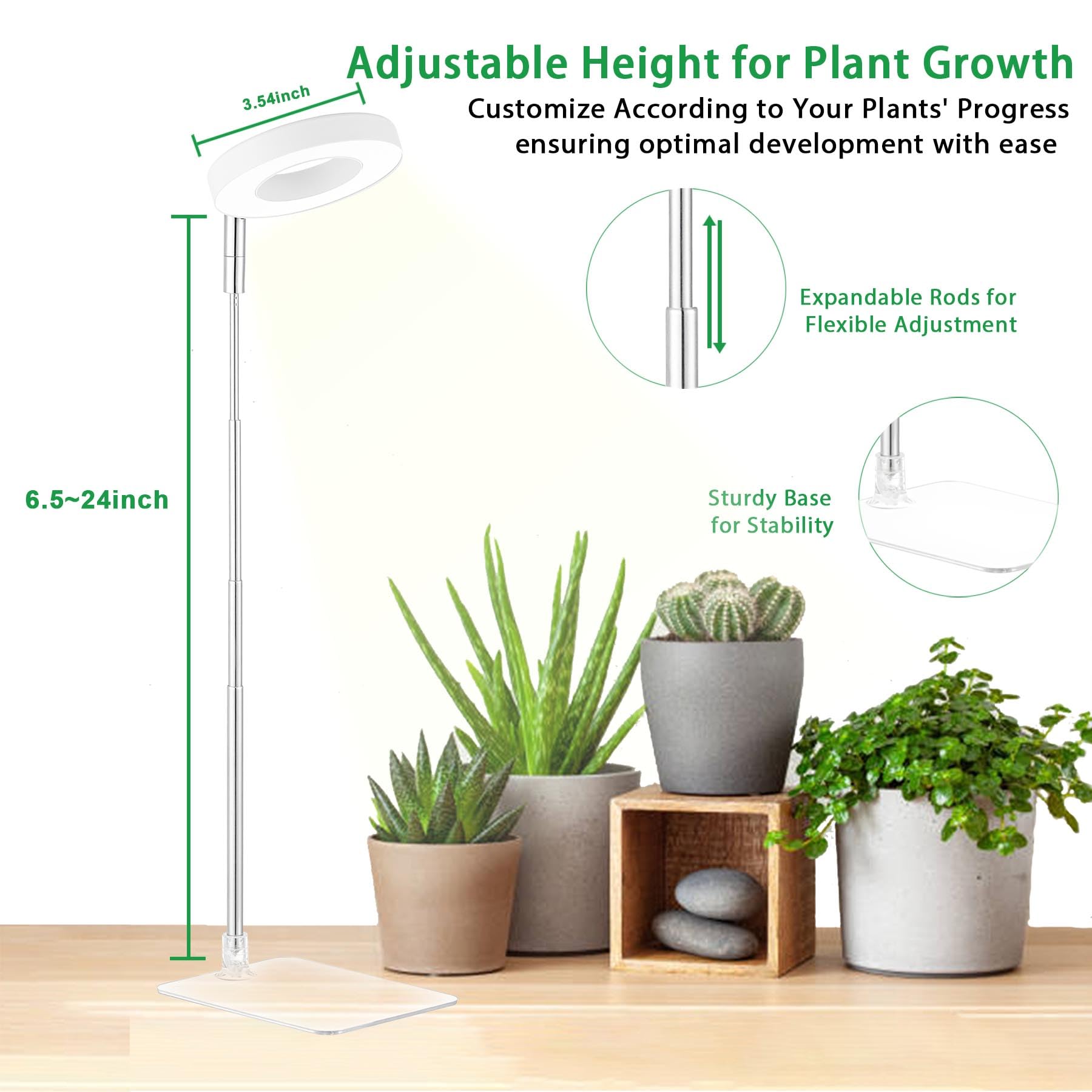 yadoker LED Grow Light - Full Spectrum, Height Adjustable, 5V Safe Voltage, for Indoor Plants, White, 1 Pack, Model 9-BASE-WT-1PACK