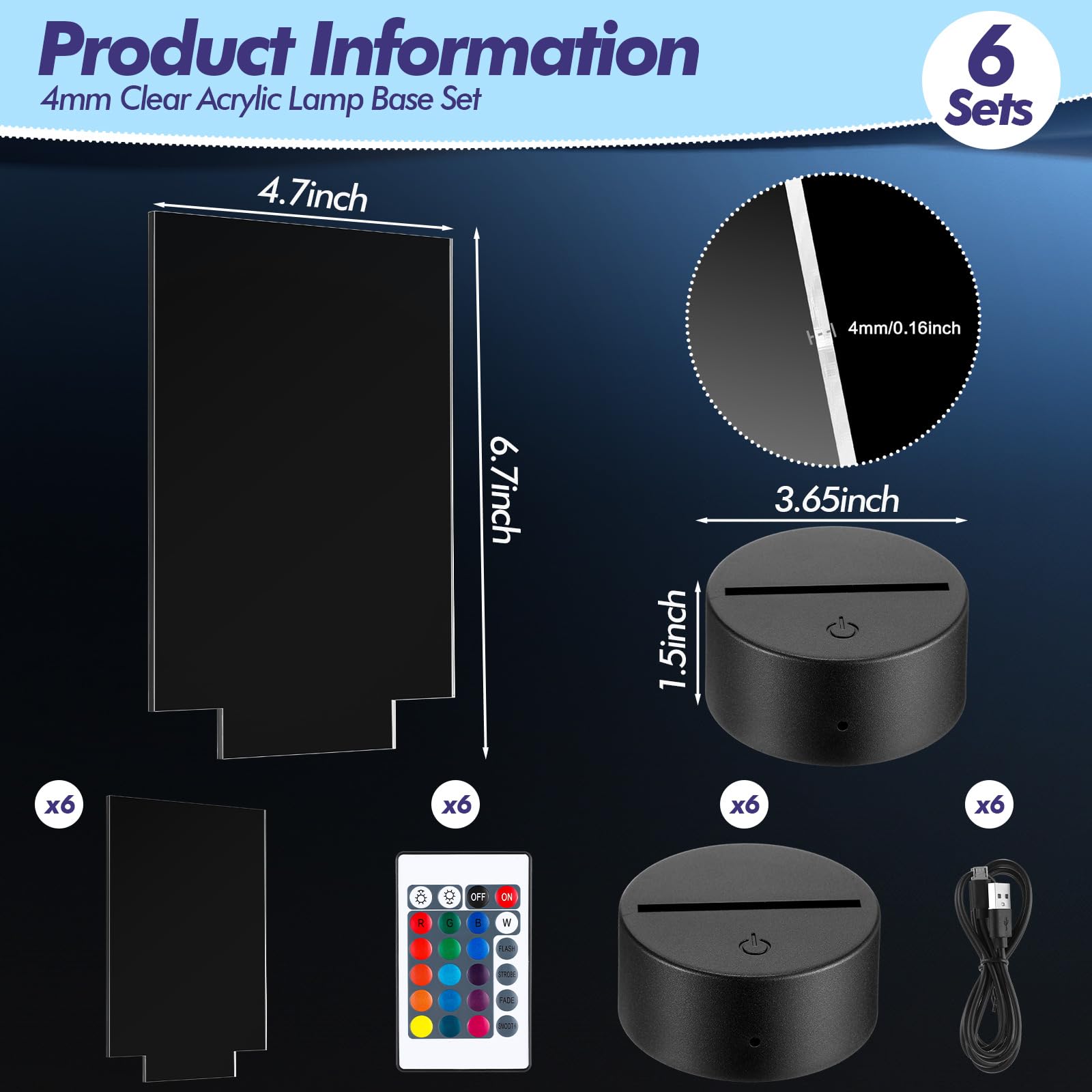 6 Sets 3D Night Led Light Lamp Bases Including 6 Light Display Stands 6 Clear Acrylic Sheets 6 Remote Controls 6 Charging Cables