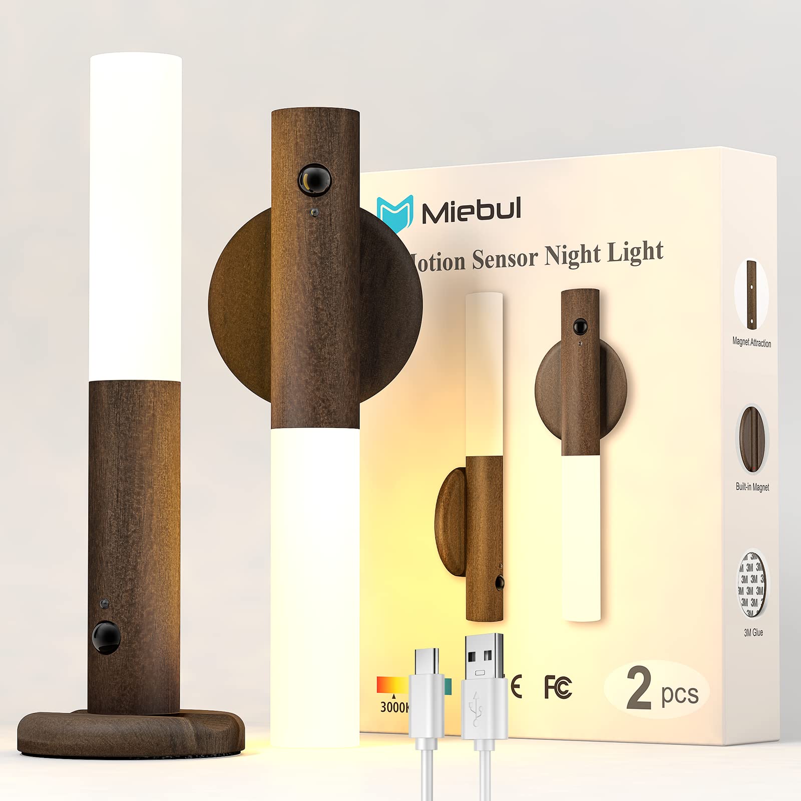 Miebul Motion Sensor Night Light, Magnetic LED Wall Lights Rechargeable Sensor Night Light Indoor Wooden Wall Sconce for Bedroom