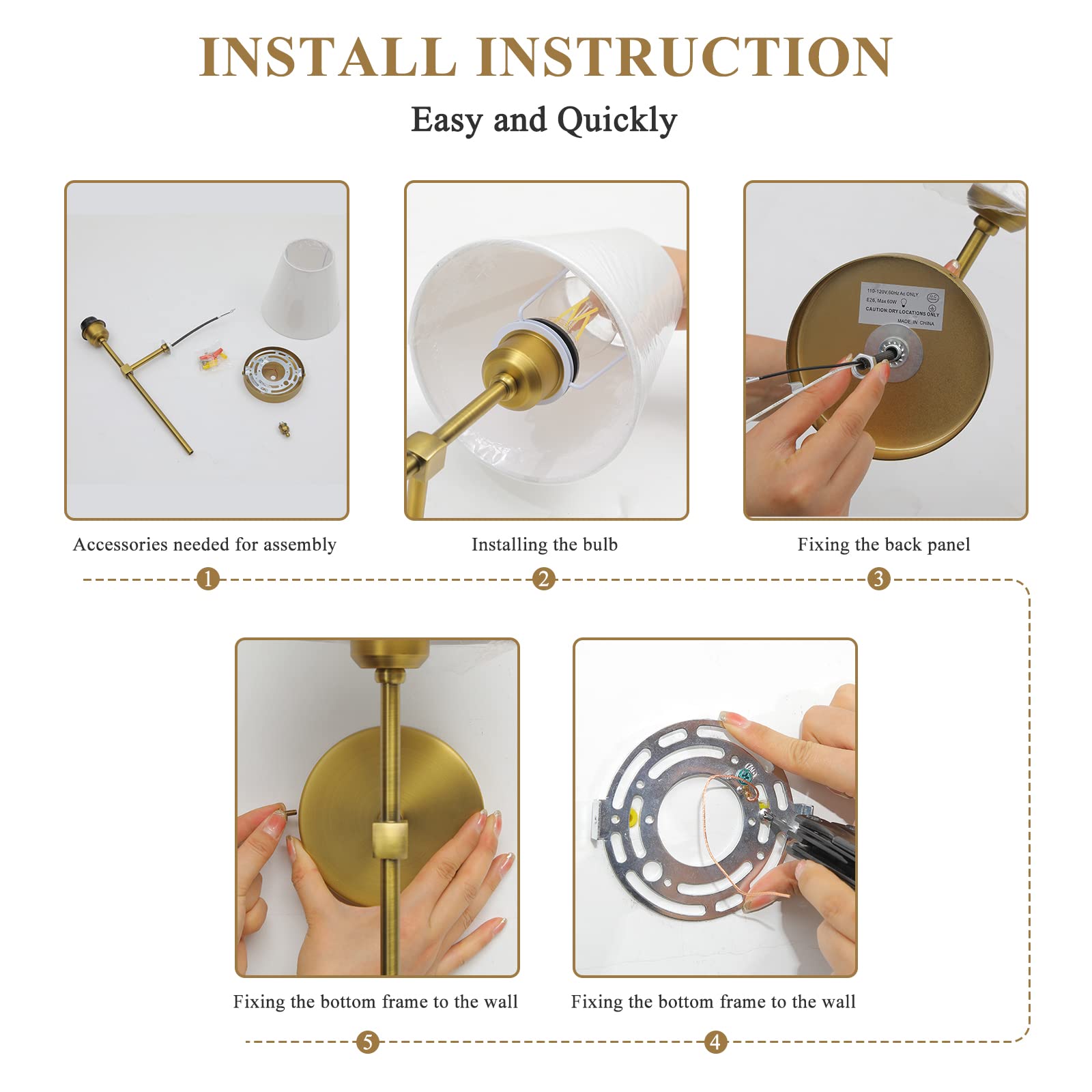 Bsmathom Wall Sconces Set of 2, Classic Brushed Brass Lighting Fixture with Fabric Shade, Gold, Model C002-BDWX