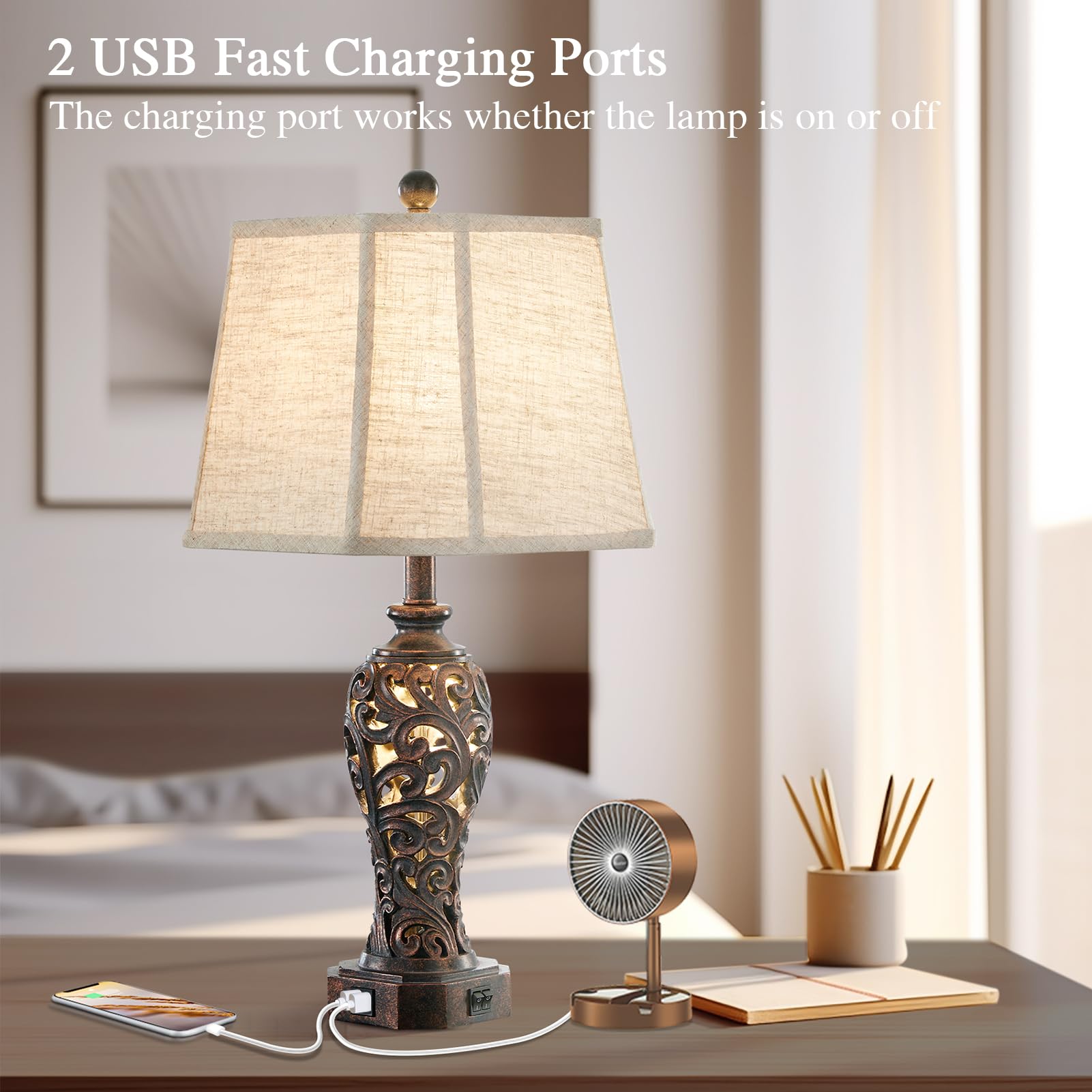 Reyokale Farmhouse Table Lamps Set of 2, Rustic Bronze Nightstand Lamps with 2 USB Ports, Includes 2 Bulbs - Model FBA-8916