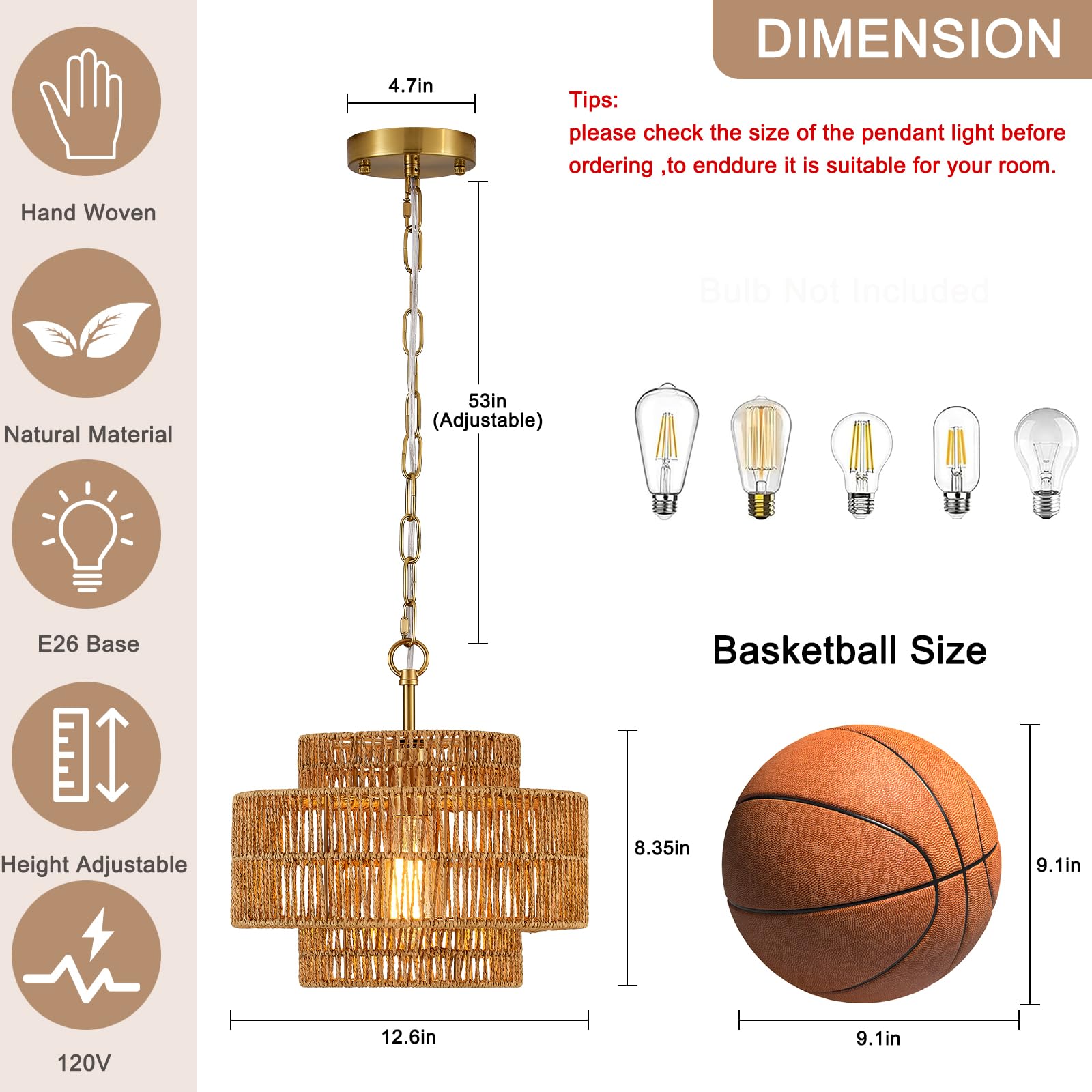 Tunkayli 12.6 Rattan Pendant Light Fixture Vintage Farmhouse Hand-Woven Boho Bamboo Pendant Lighting Mini Drum Wicker Golden Chandelier For Kitchen Island  Bedroom  Dining Room  Entryway  Foyer