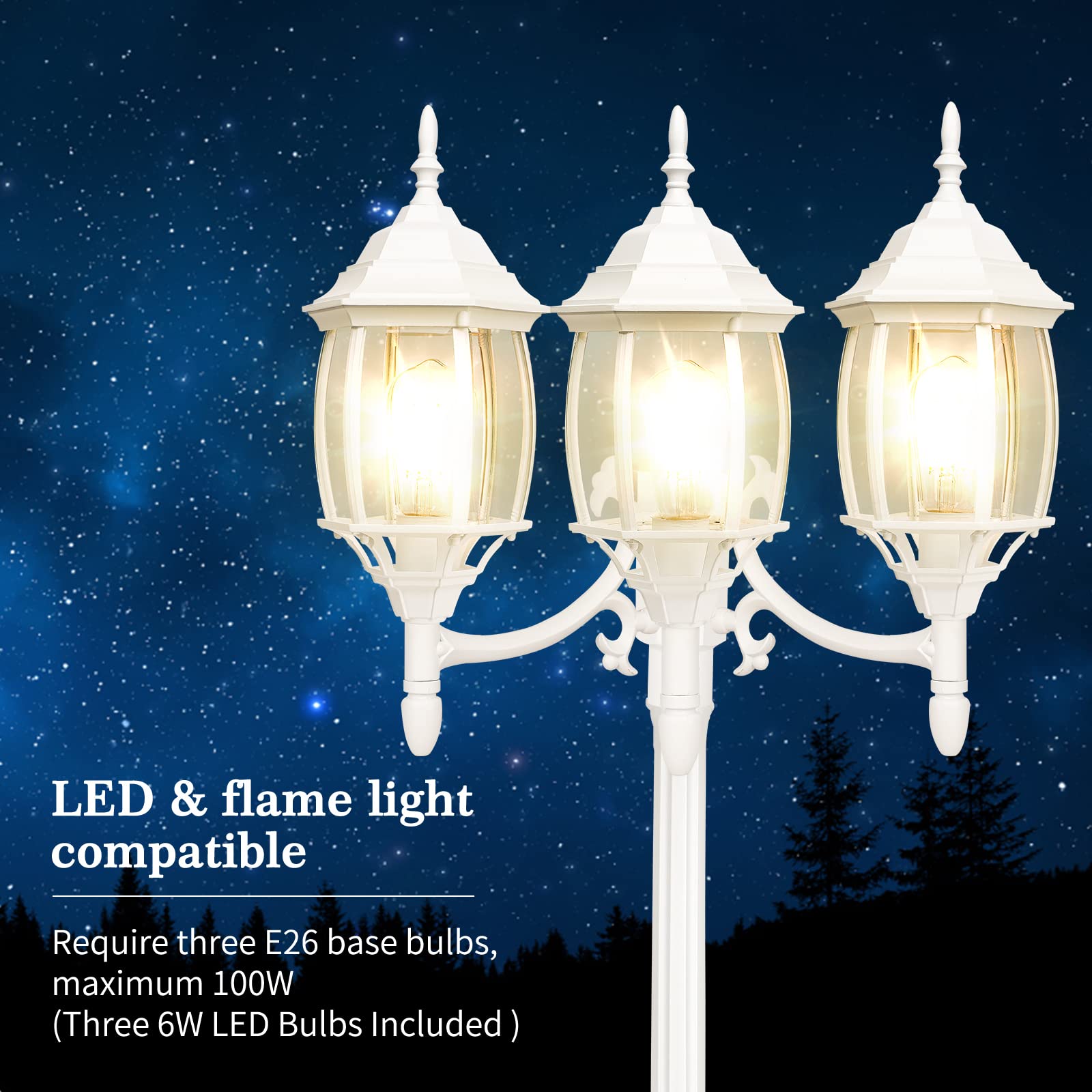 PARTPHONER Outdoor Lamp Post Light, 3-Head, Waterproof, Aluminum, White with Sensor, Model PL003, 3 LED Bulbs Included