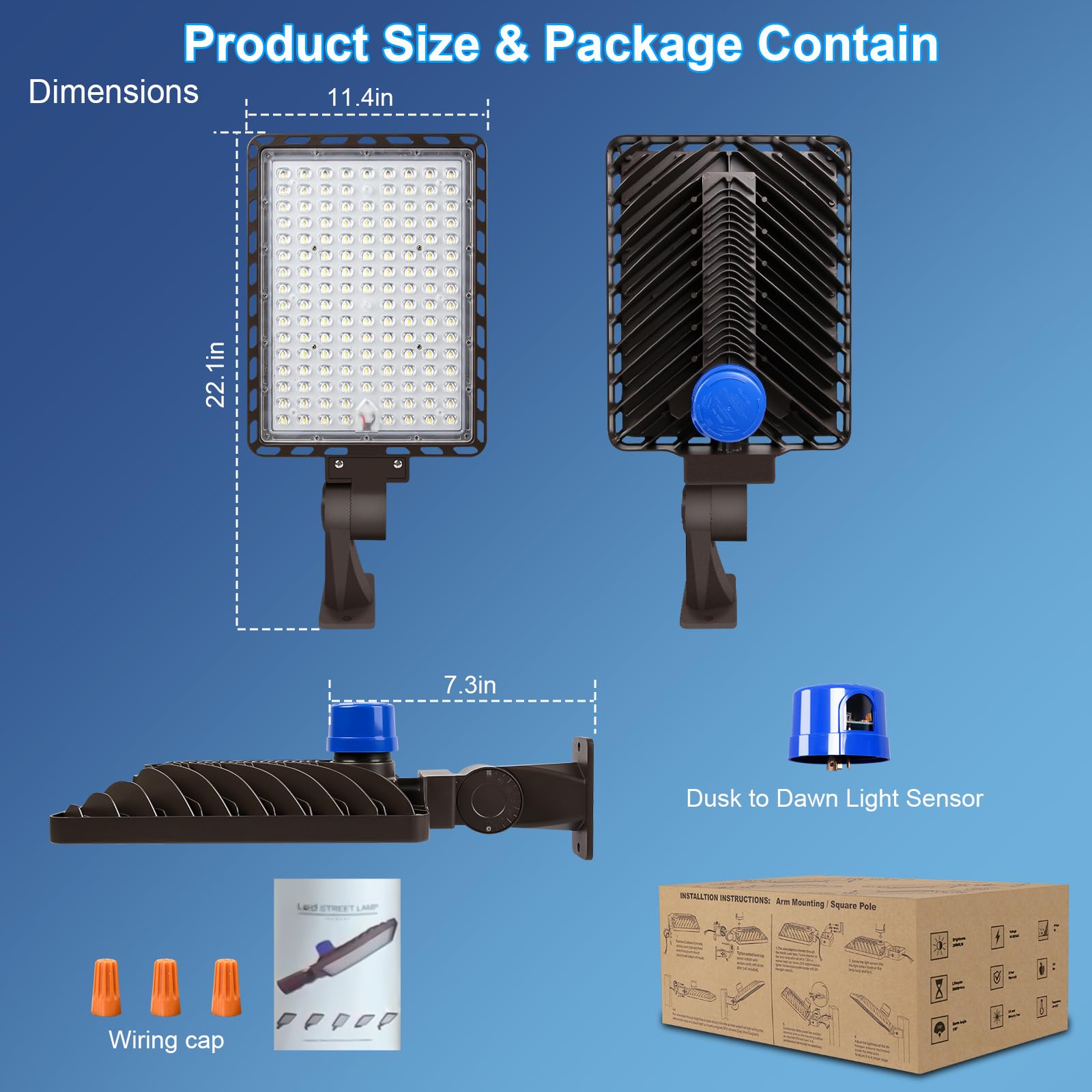 BIRITALO 350W LED Parking Lot Light - 52500LM Dusk to Dawn Arm Mount, IP65 Waterproof, Brown, Model 1515, Ideal for Outdoor Use
