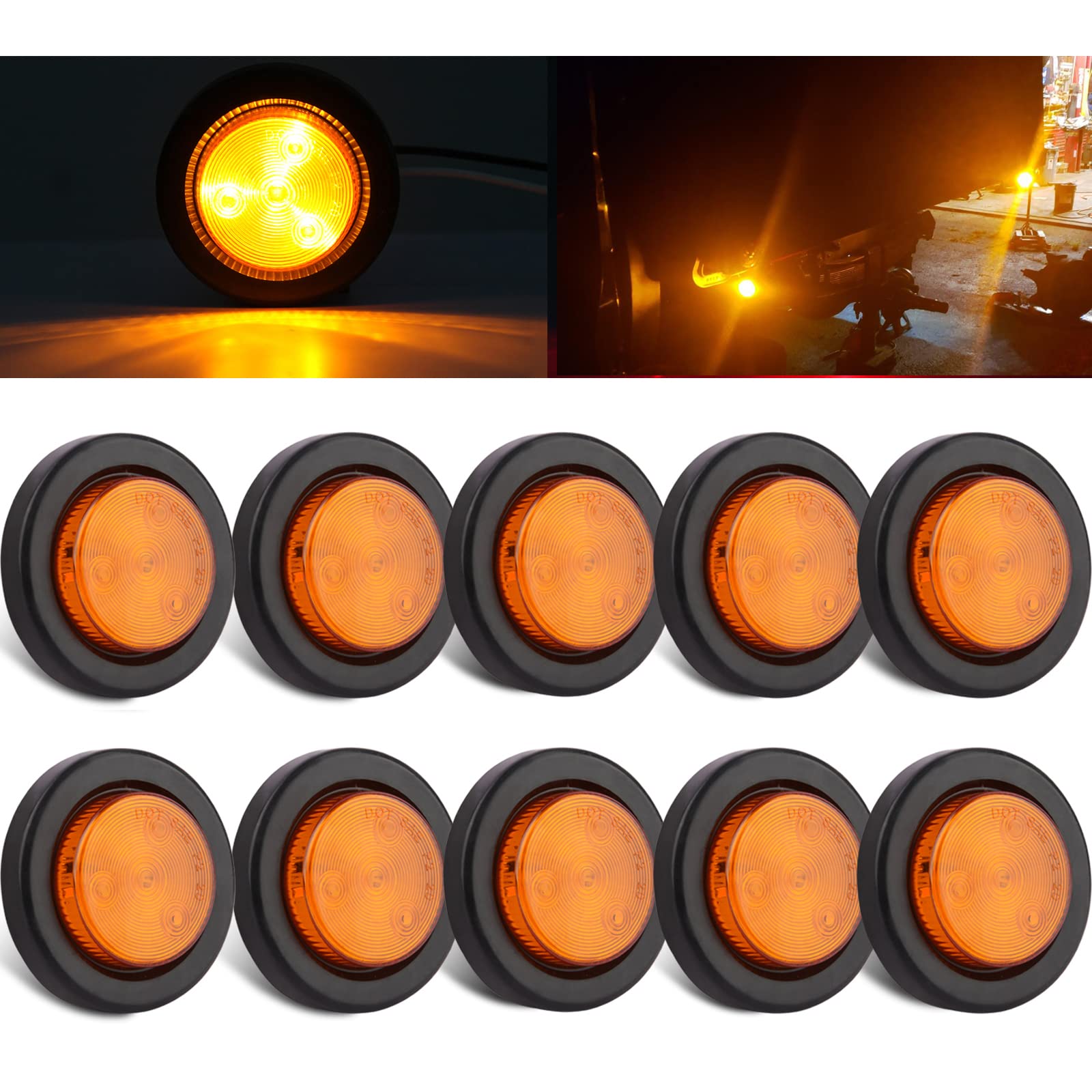 10Pcs 2 Inch Round Led Trailer Side Marker Clearance Lights Amber, Sealed 2'' Round Led Trailer Marker Lights 4 Leds W/Rubber Gr