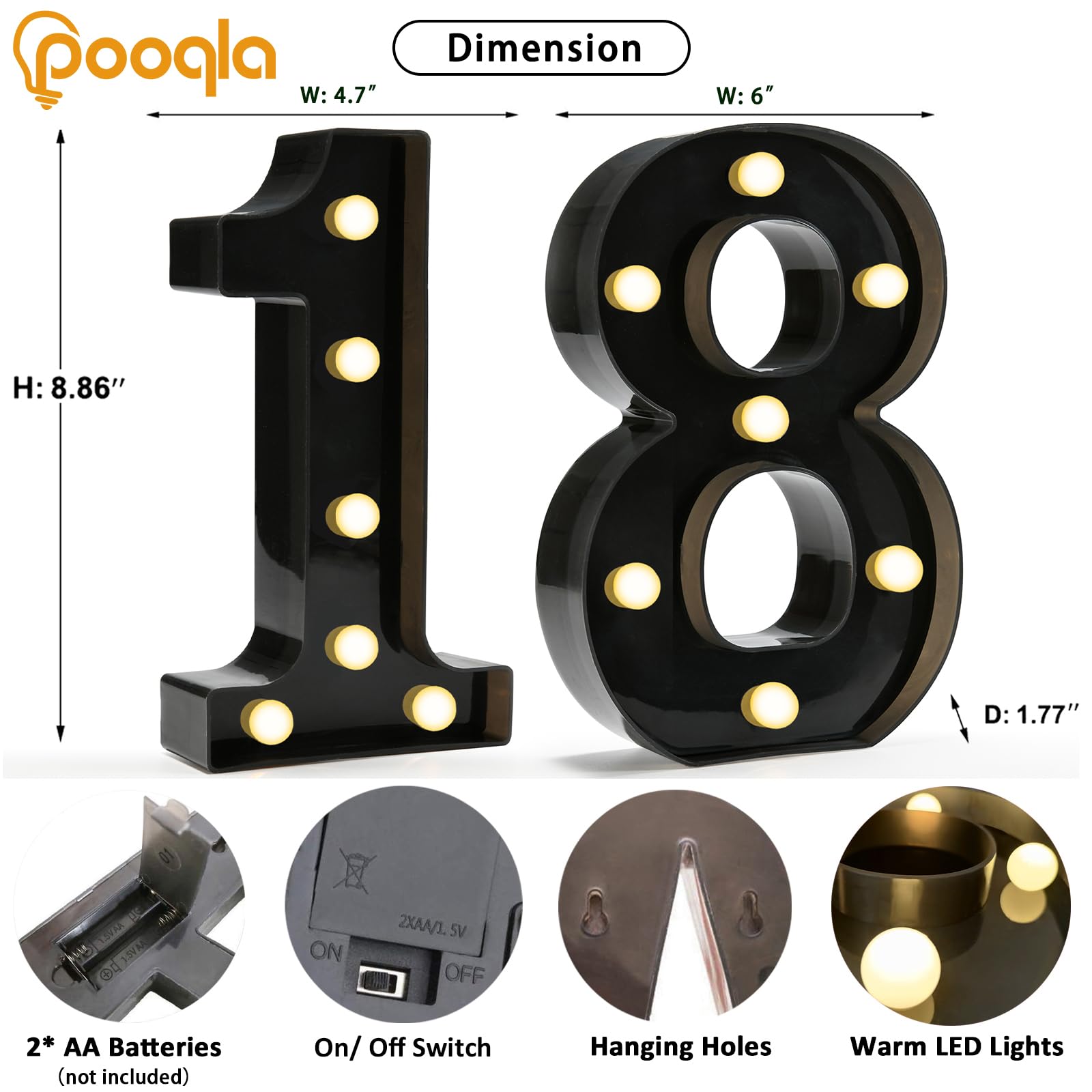 Pooqla Decorative LED Marquee Number Lights Sign, Battery Operated, Black, Number 18, Model LL-BLC-18